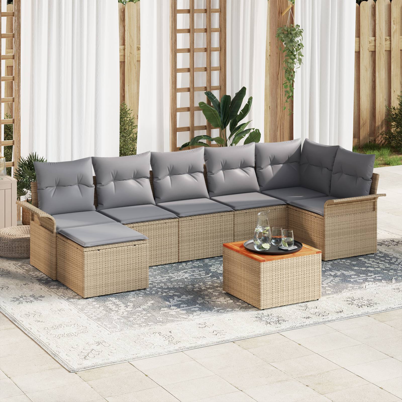vidaXL 8-tlg. Garten-Sofagarnitur mit Kissen Beige Poly Rattan