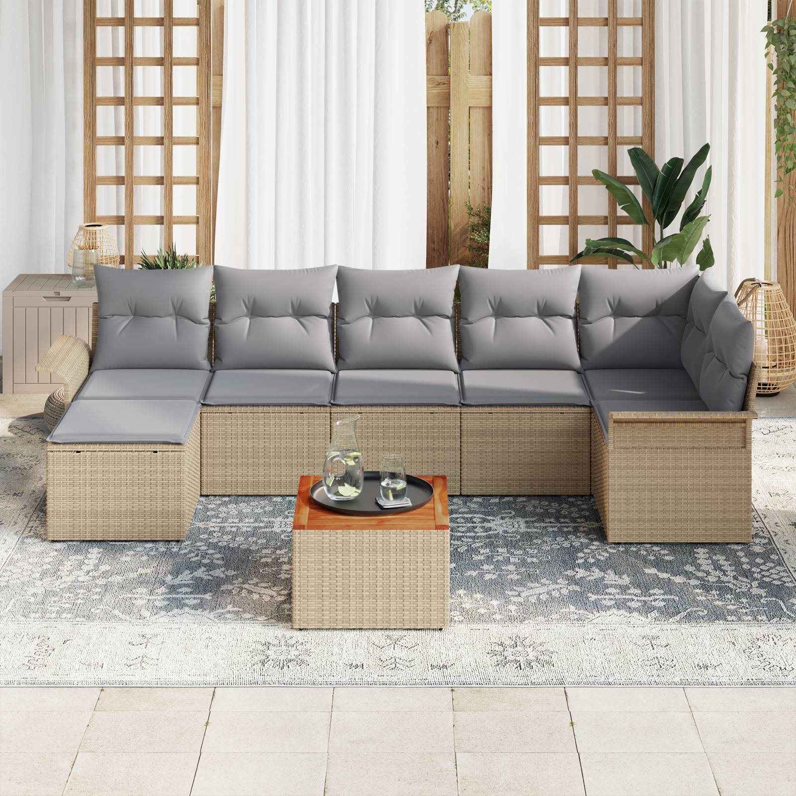 vidaXL 8-tlg. Garten-Sofagarnitur mit Kissen Beige Poly Rattan