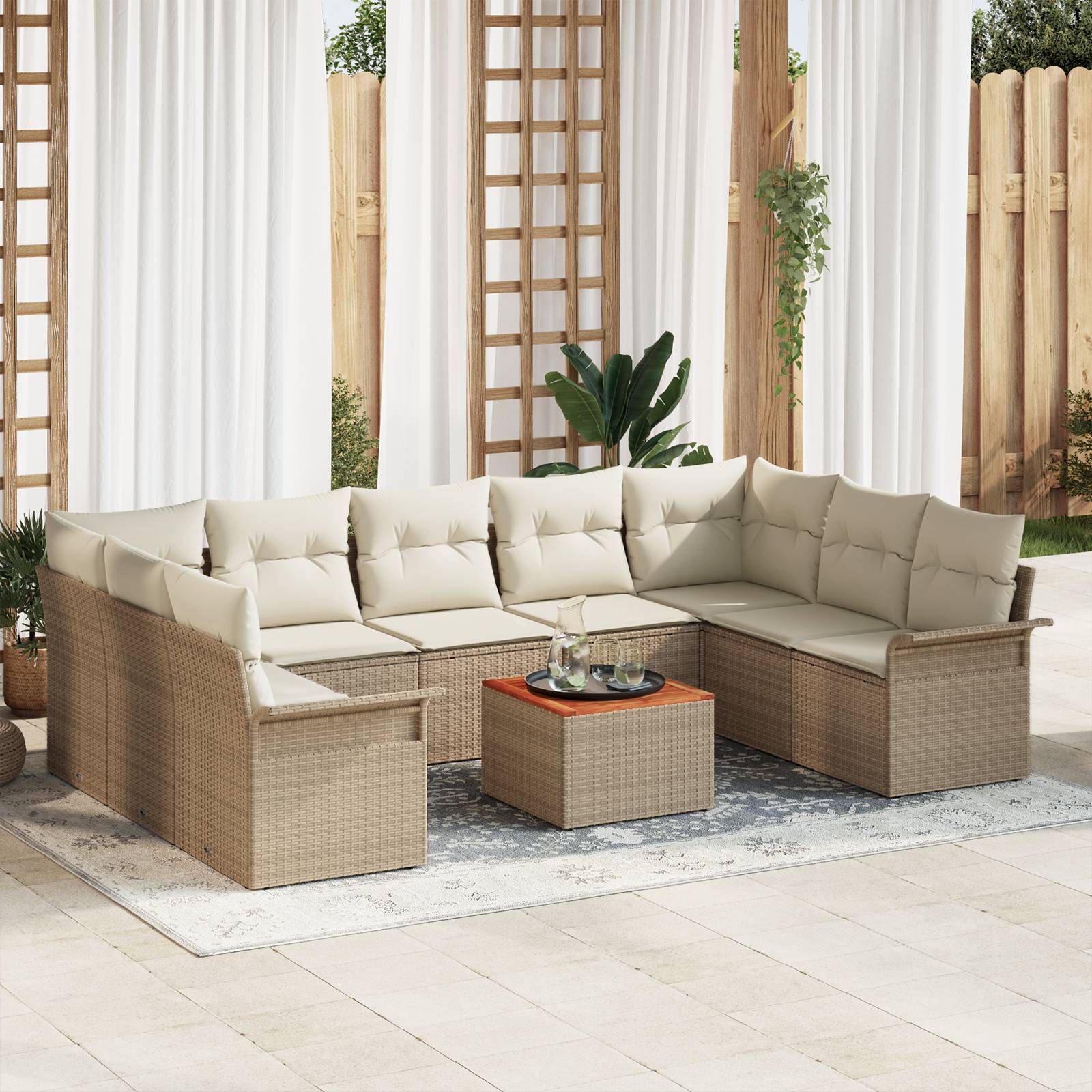 vidaXL 10-teiliges Garten Sofa Set mit Kissen Beige Poly Rattan Akazie
