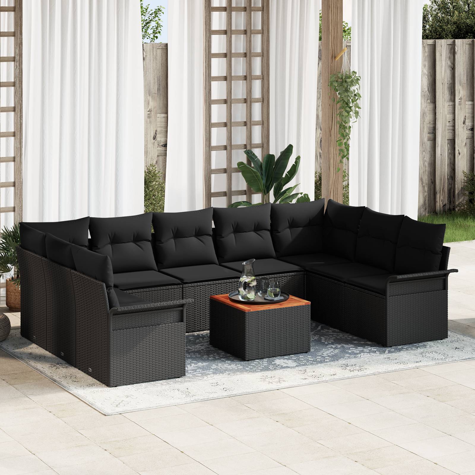 vidaXL 10-teiliges Garten-Sofa-Set mit Kissen Schwarz Poly-Rattan Akazie
