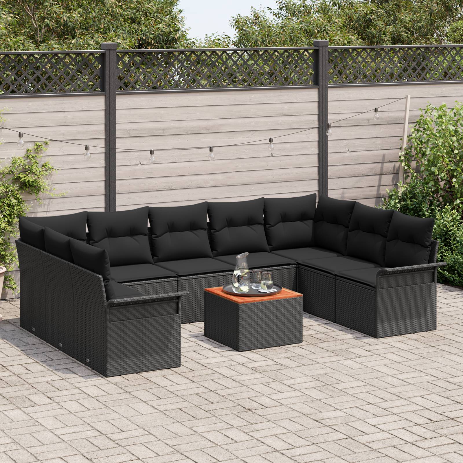 vidaXL 10-teiliges Garten-Sofa-Set mit Kissen Schwarz Poly-Rattan Akazie