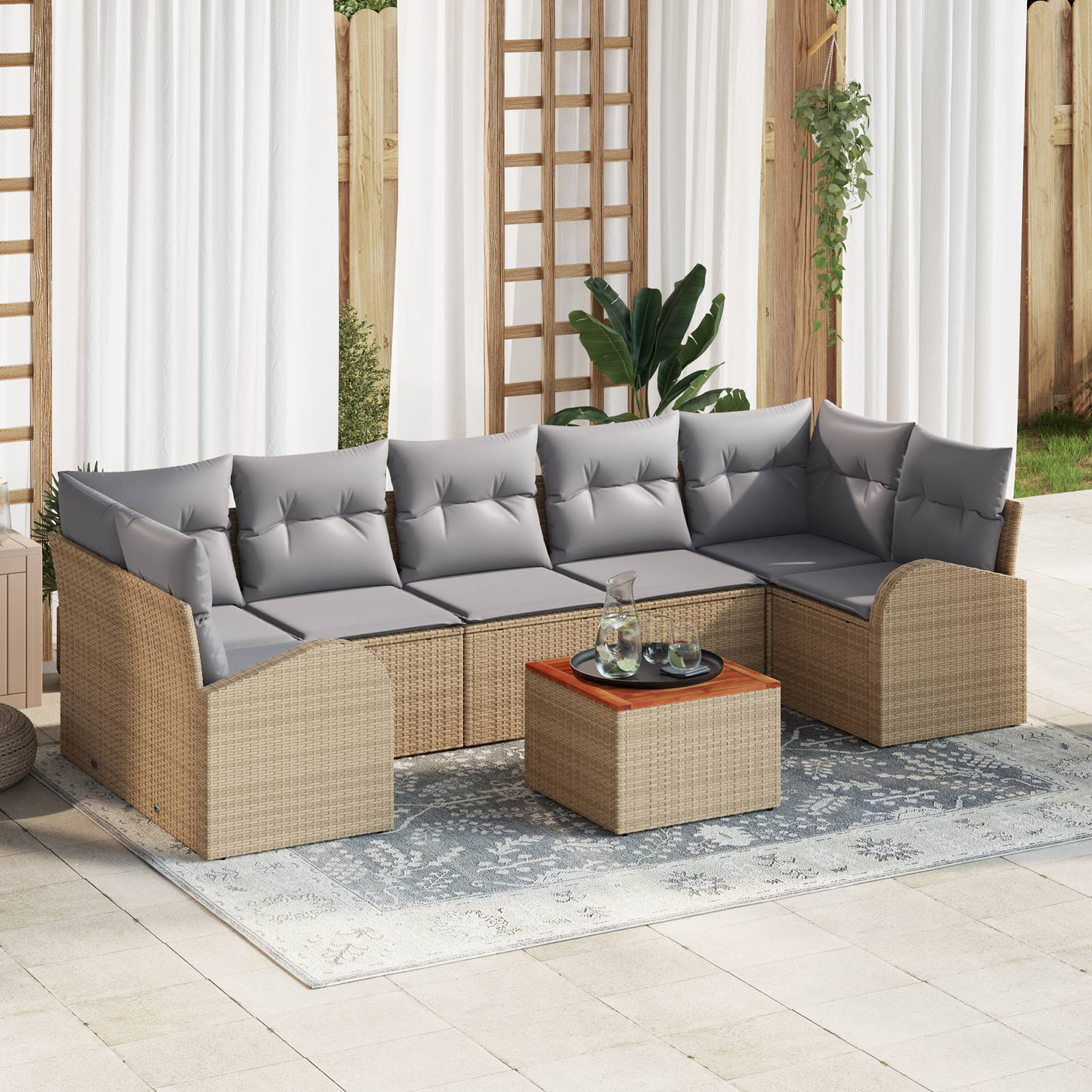 vidaXL 8-teiliges Garten Sofa Set mit Kissen Beige Poly Rattan Akazie