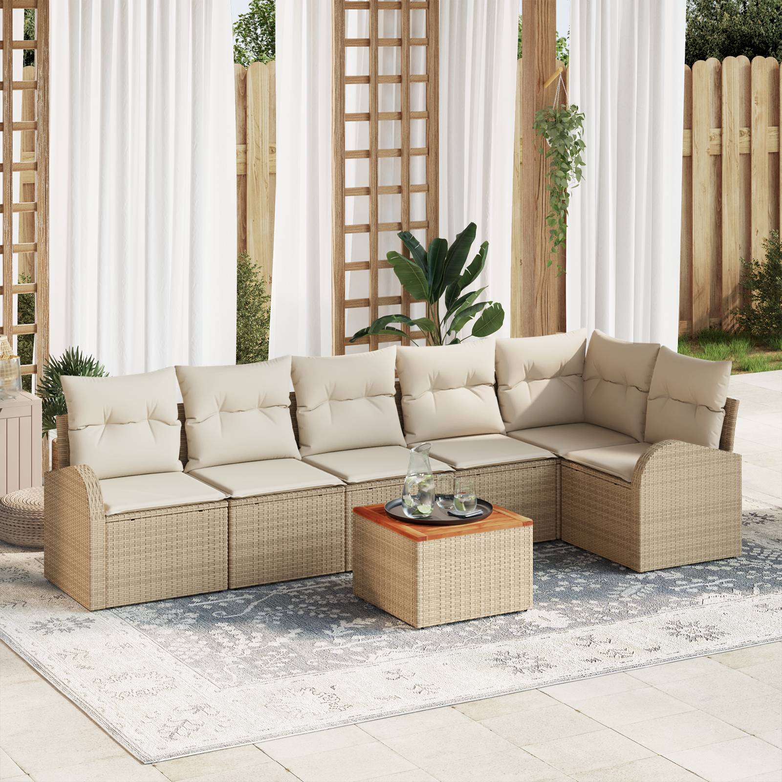 vidaXL 7-teiliges Garten-Sofa-Set mit Kissen Beige Poly-Rattan Akazie