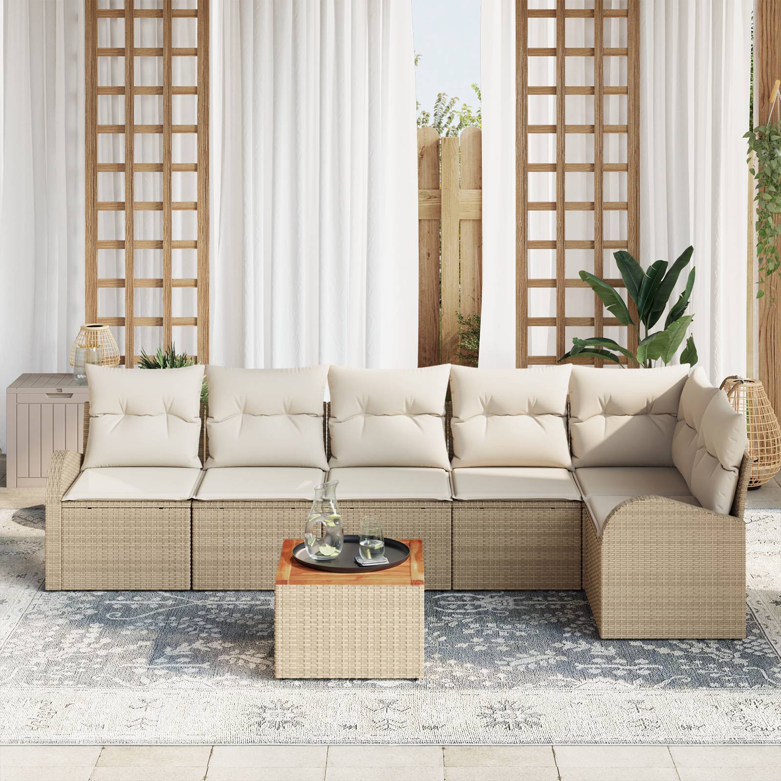 vidaXL 7-teiliges Garten-Sofa-Set mit Kissen Beige Poly-Rattan Akazie