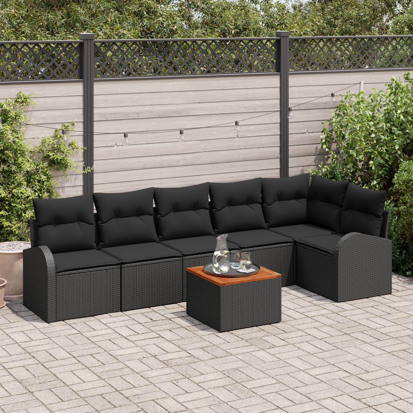 vidaXL 7-teiliges Garten Sofa Set mit Kissen Schwarz Poly Rattan Akazie