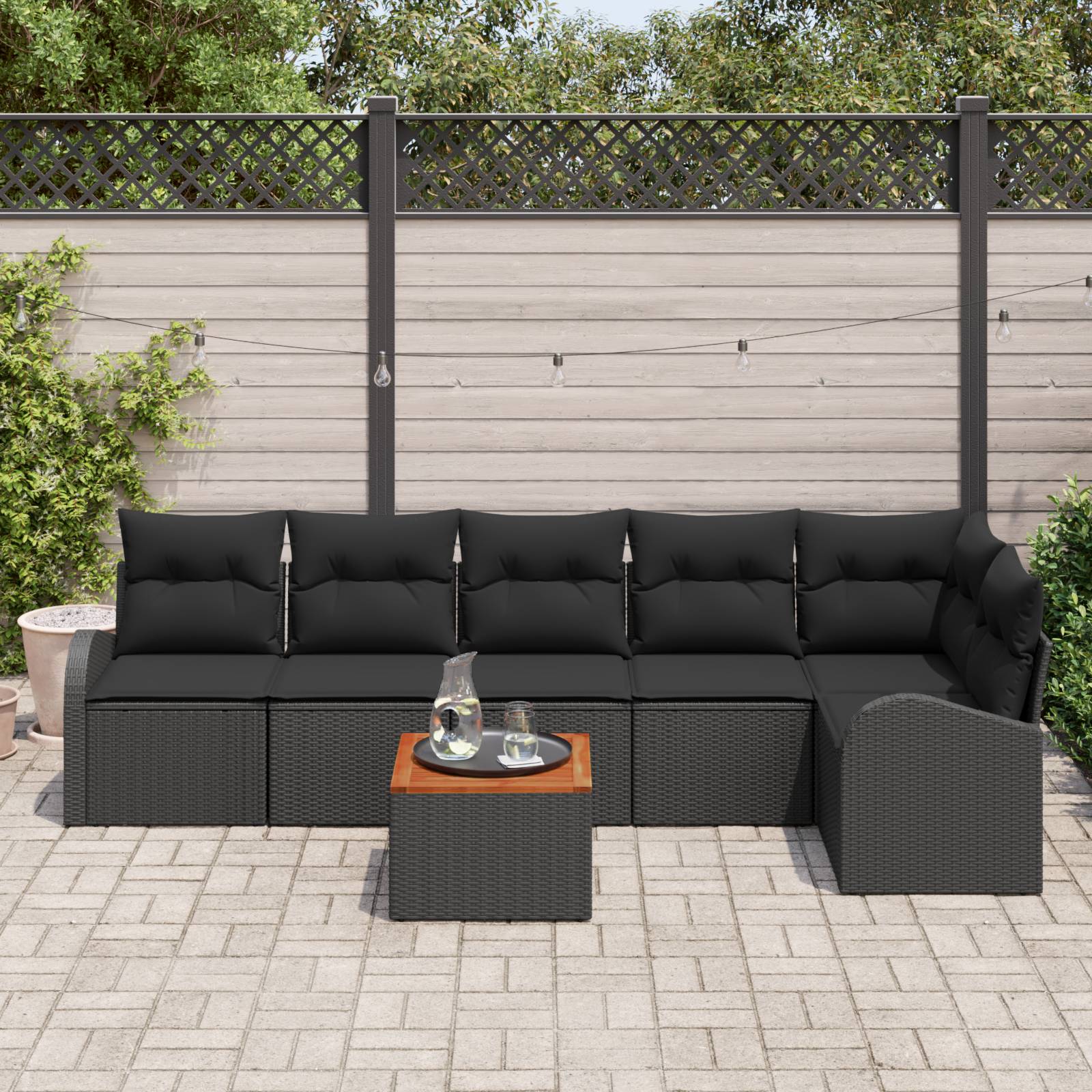 vidaXL 7-teiliges Garten Sofa Set mit Kissen Schwarz Poly Rattan Akazie