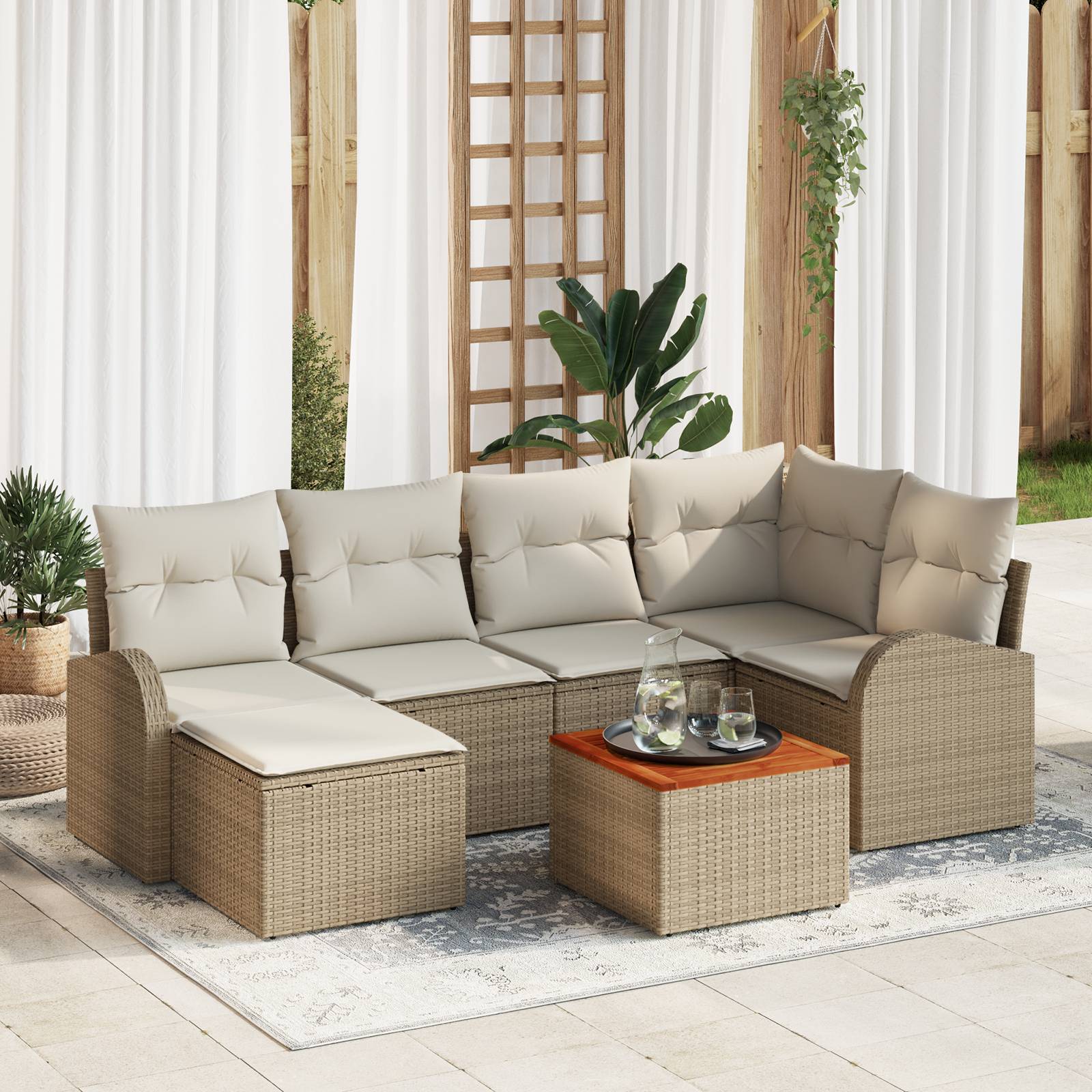 vidaXL 7-tlg. Garten-Sofagarnitur mit Kissen Beige Poly Rattan