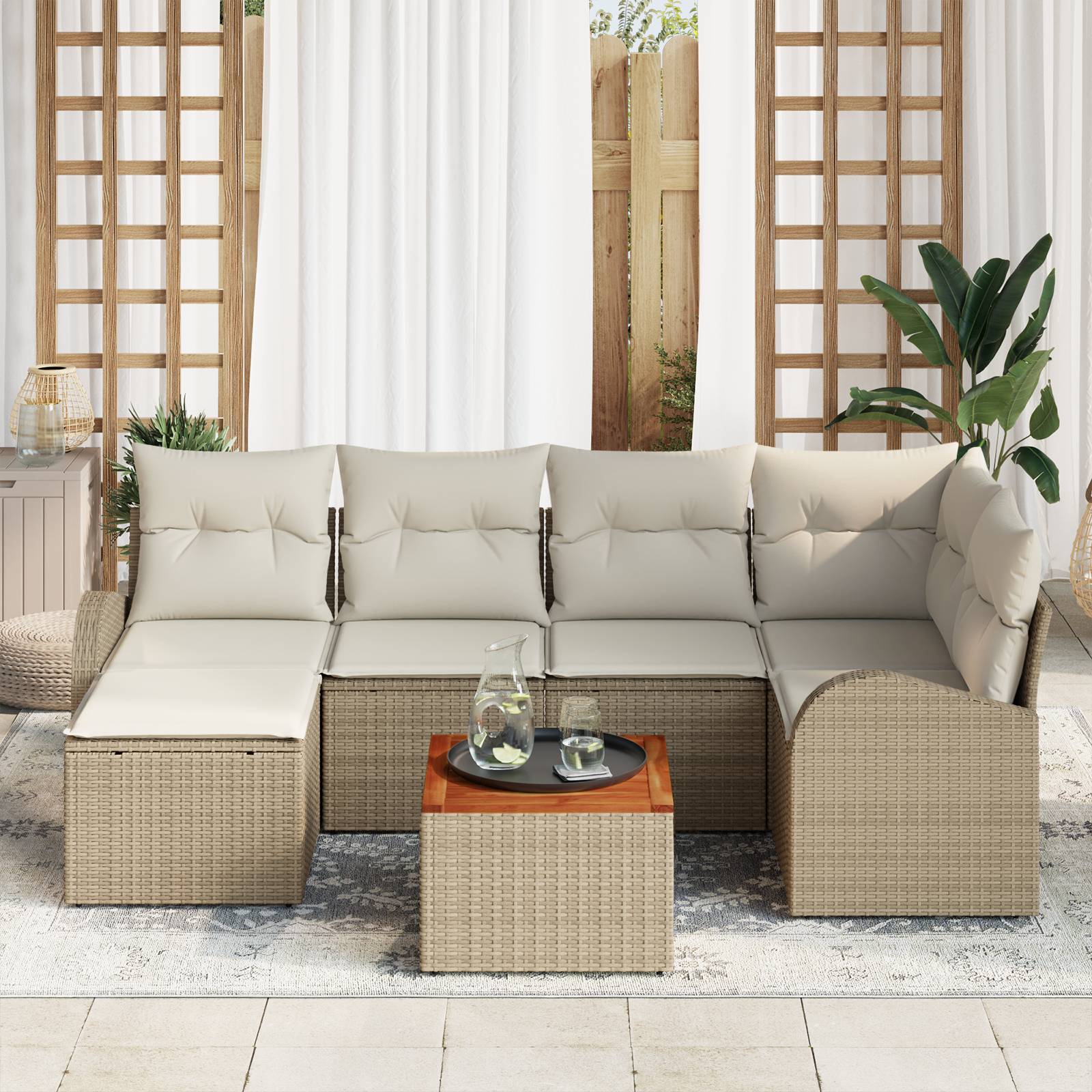 vidaXL 7-tlg. Garten-Sofagarnitur mit Kissen Beige Poly Rattan