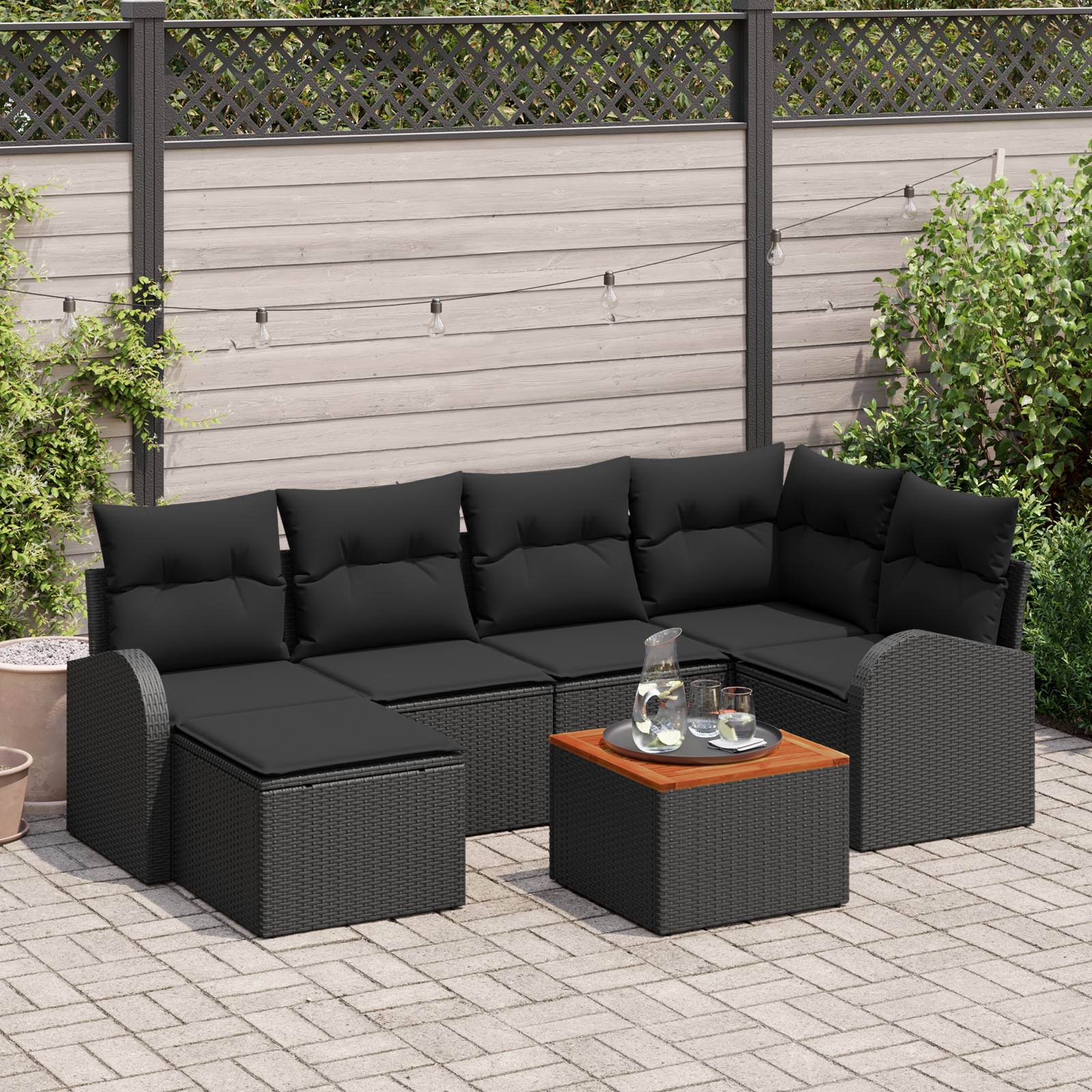 vidaXL 7-tlg. Garten-Sofagarnitur mit Kissen Schwarz Poly Rattan