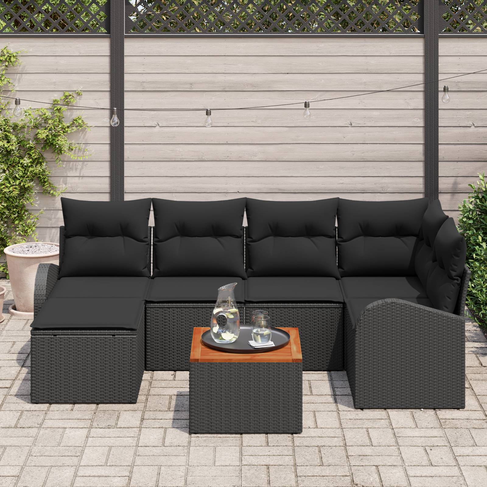 vidaXL 7-tlg. Garten-Sofagarnitur mit Kissen Schwarz Poly Rattan