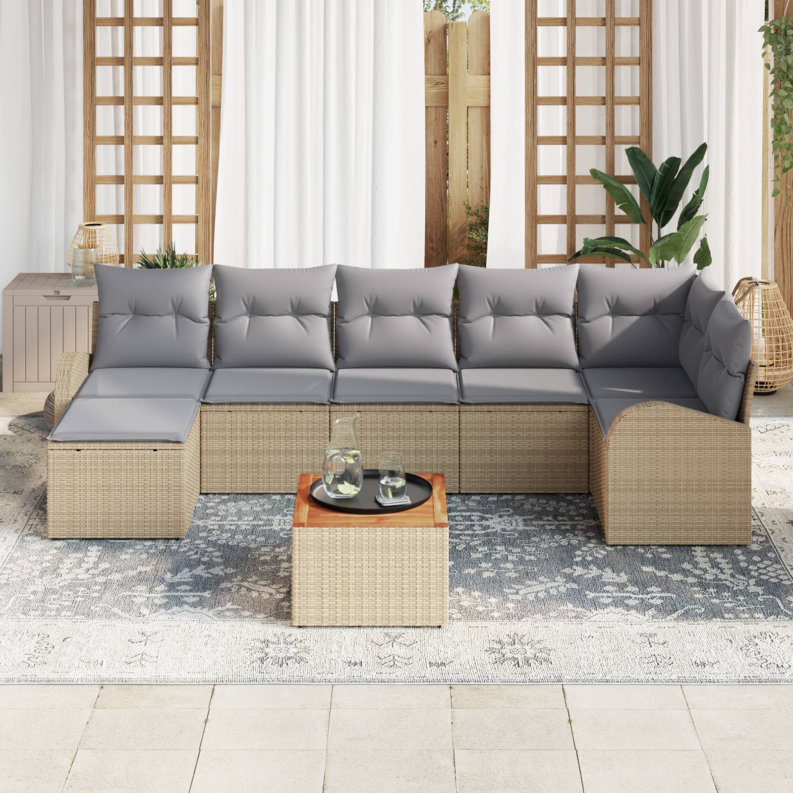 vidaXL 8-tlg. Garten-Sofagarnitur mit Kissen Beige Poly Rattan