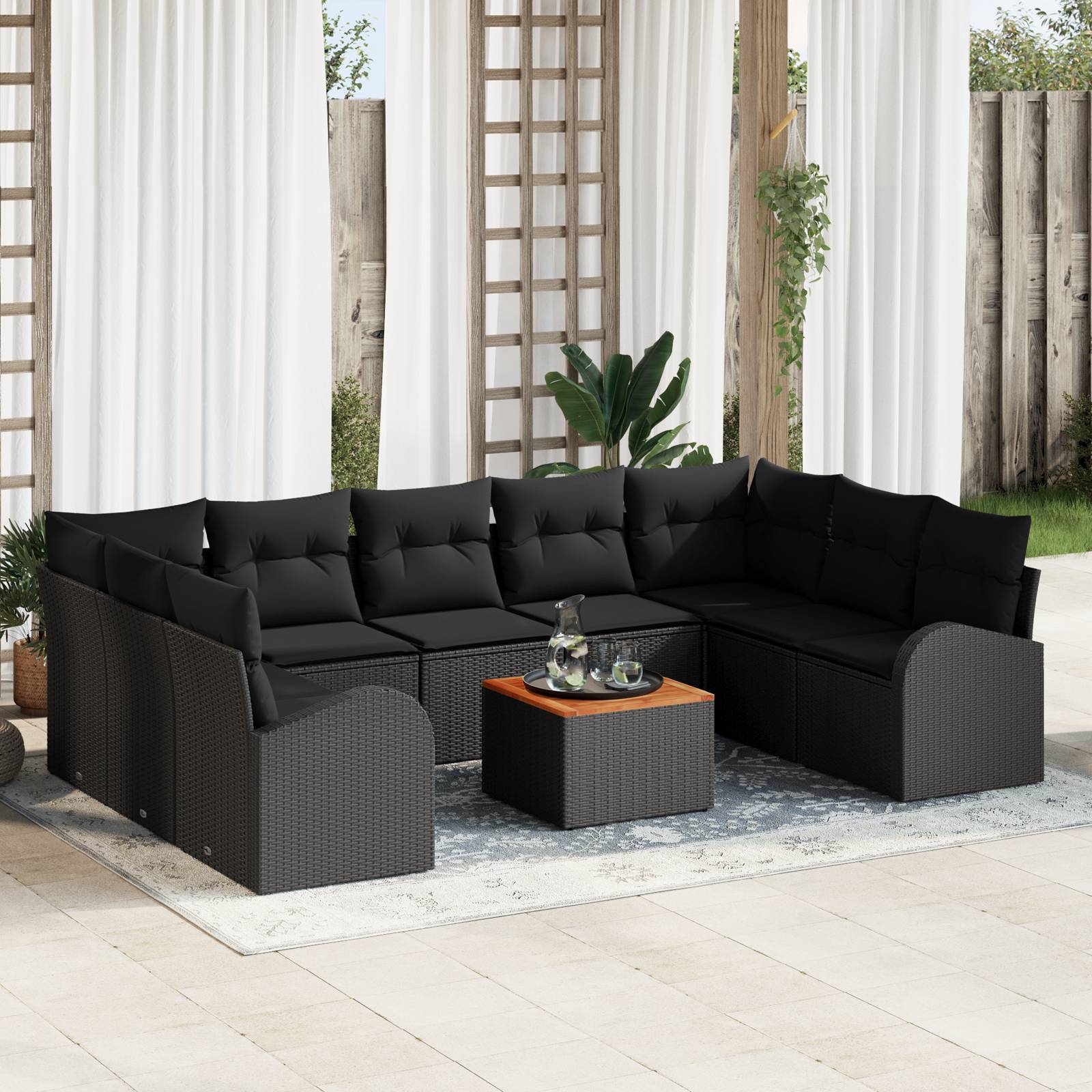 vidaXL 10-teiliges Garten-Sofa-Set mit Kissen aus schwarzem Poly-Rattan