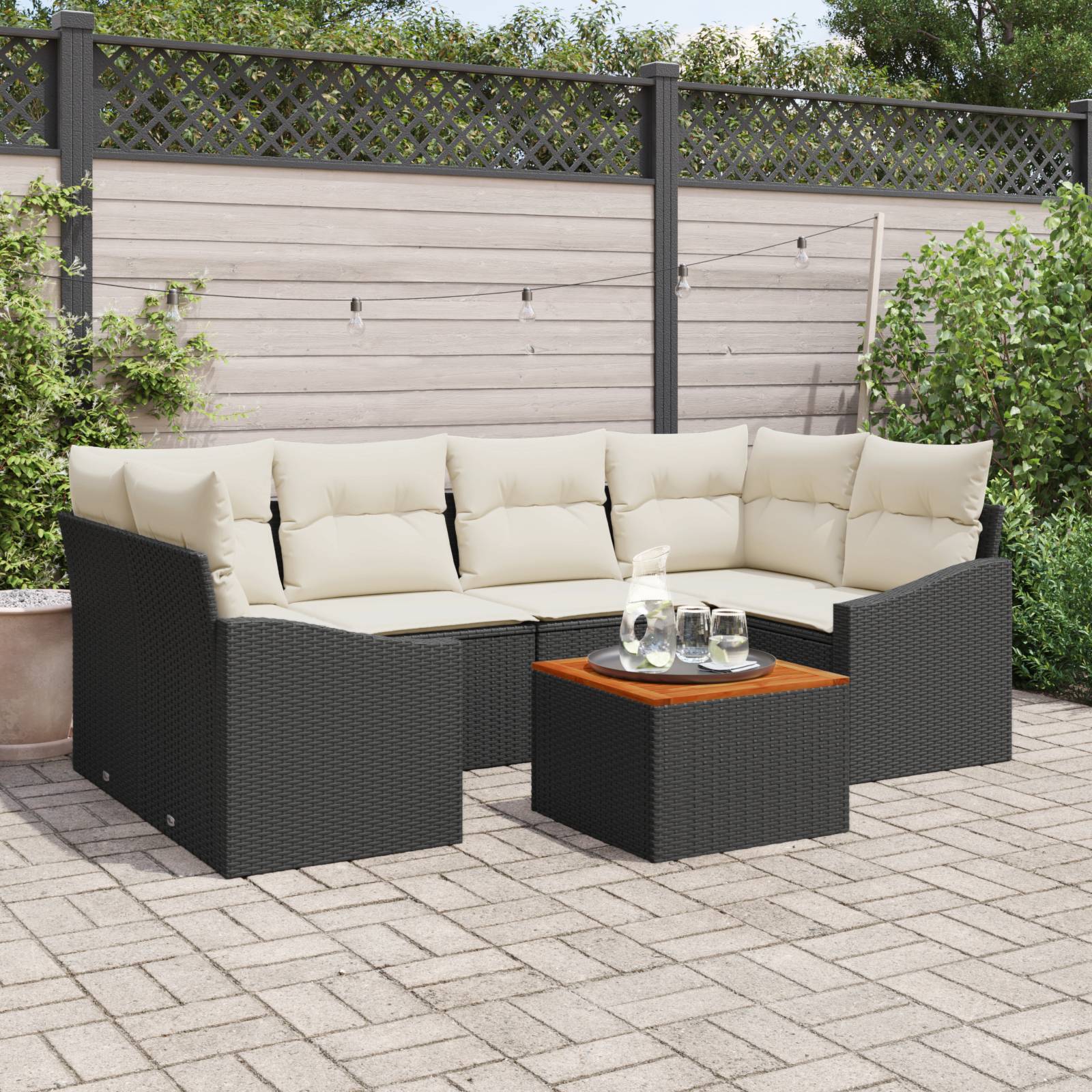 vidaXL 7-teiliges Garten Sofa Set mit Kissen Schwarz Poly Rattan Akazie