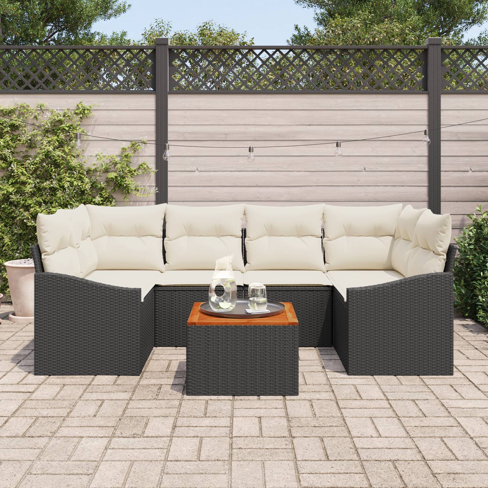 vidaXL 7-teiliges Garten Sofa Set mit Kissen Schwarz Poly Rattan Akazie