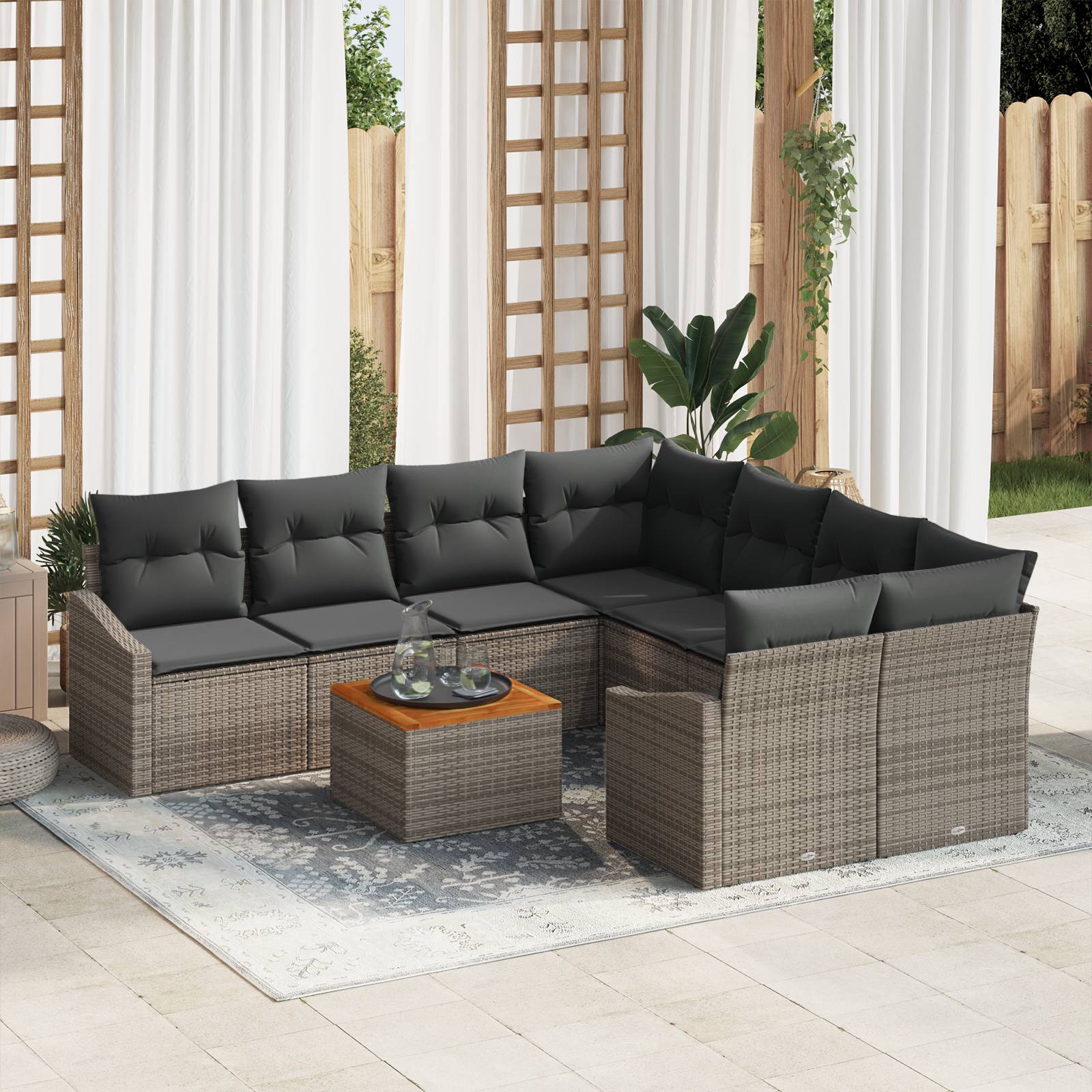 vidaXL 9-tlg. Garten-Sofagarnitur mit Kissen Grau Poly Rattan