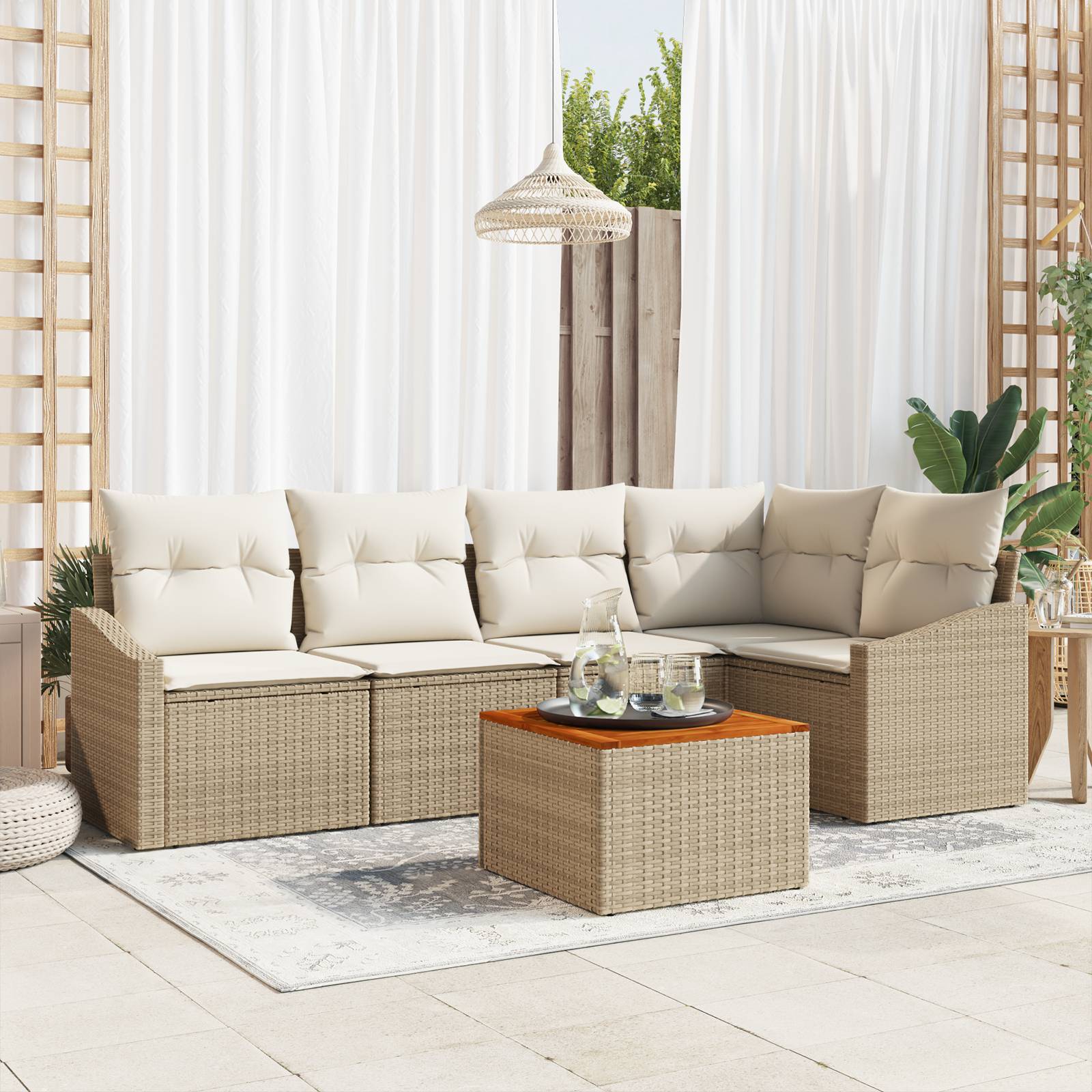 vidaXL 6-teiliges Garten-Sofaset mit Kissen Beige Poly Rattan Akazie