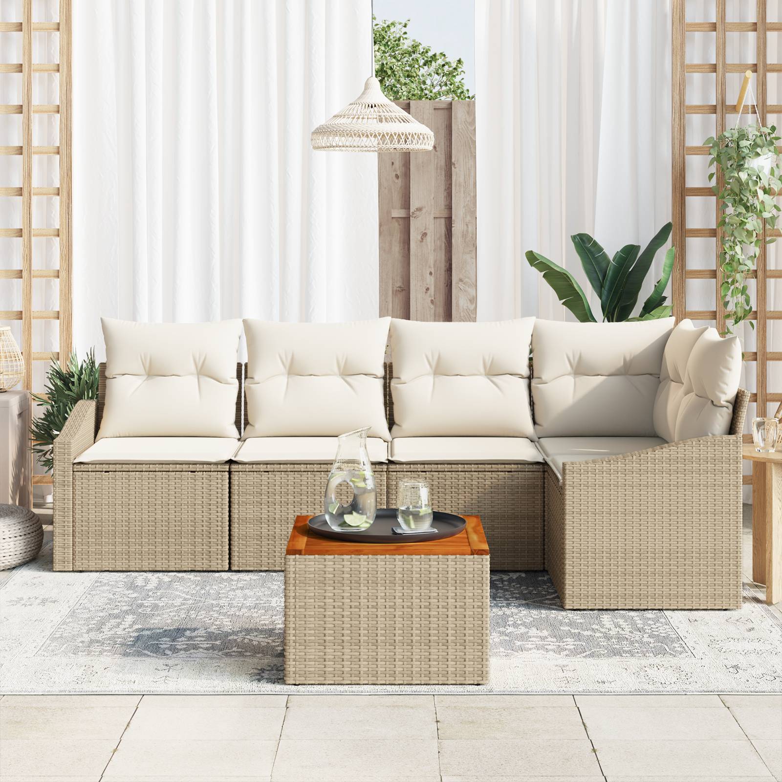 vidaXL 6-teiliges Garten-Sofaset mit Kissen Beige Poly Rattan Akazie
