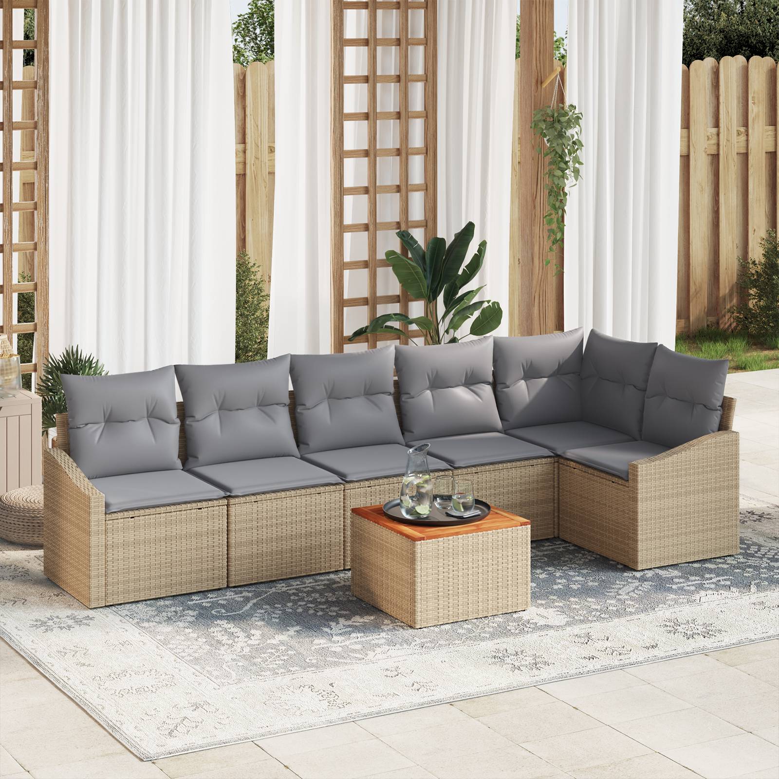 vidaXL 7-teiliges Garten Sofa Set mit Kissen Beige Poly Rattan Akazie