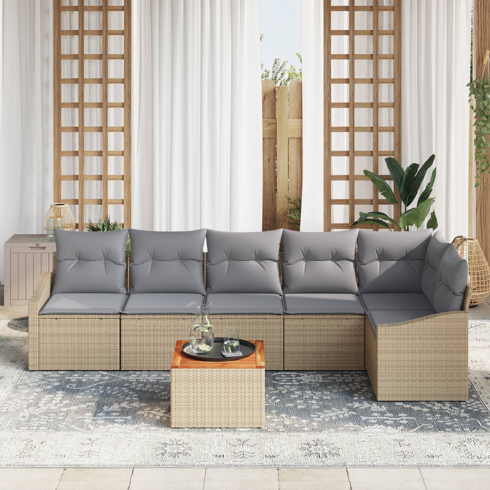 vidaXL 7-teiliges Garten Sofa Set mit Kissen Beige Poly Rattan Akazie
