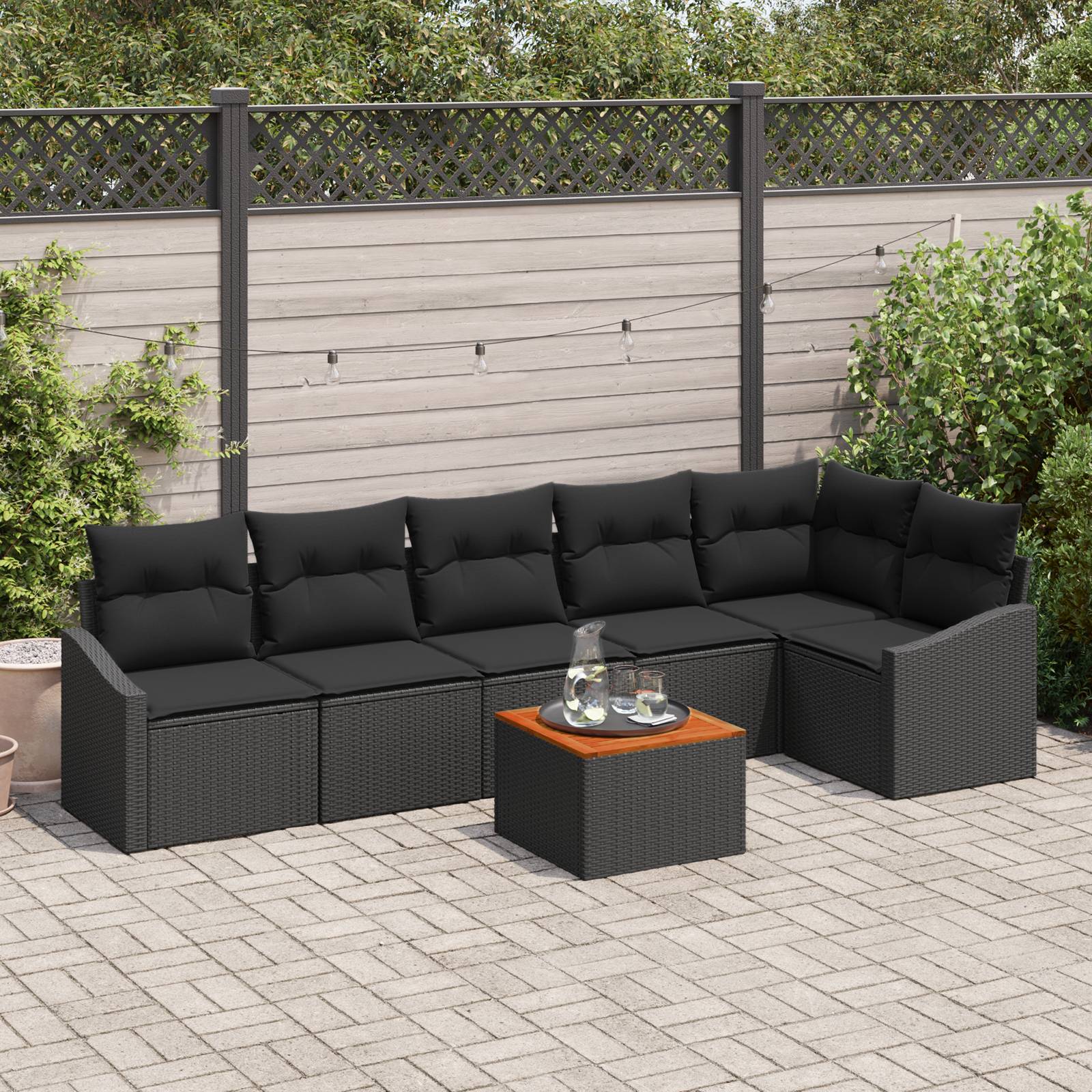 vidaXL 7-tlg. Garten-Sofagarnitur mit Kissen Schwarz Poly Rattan