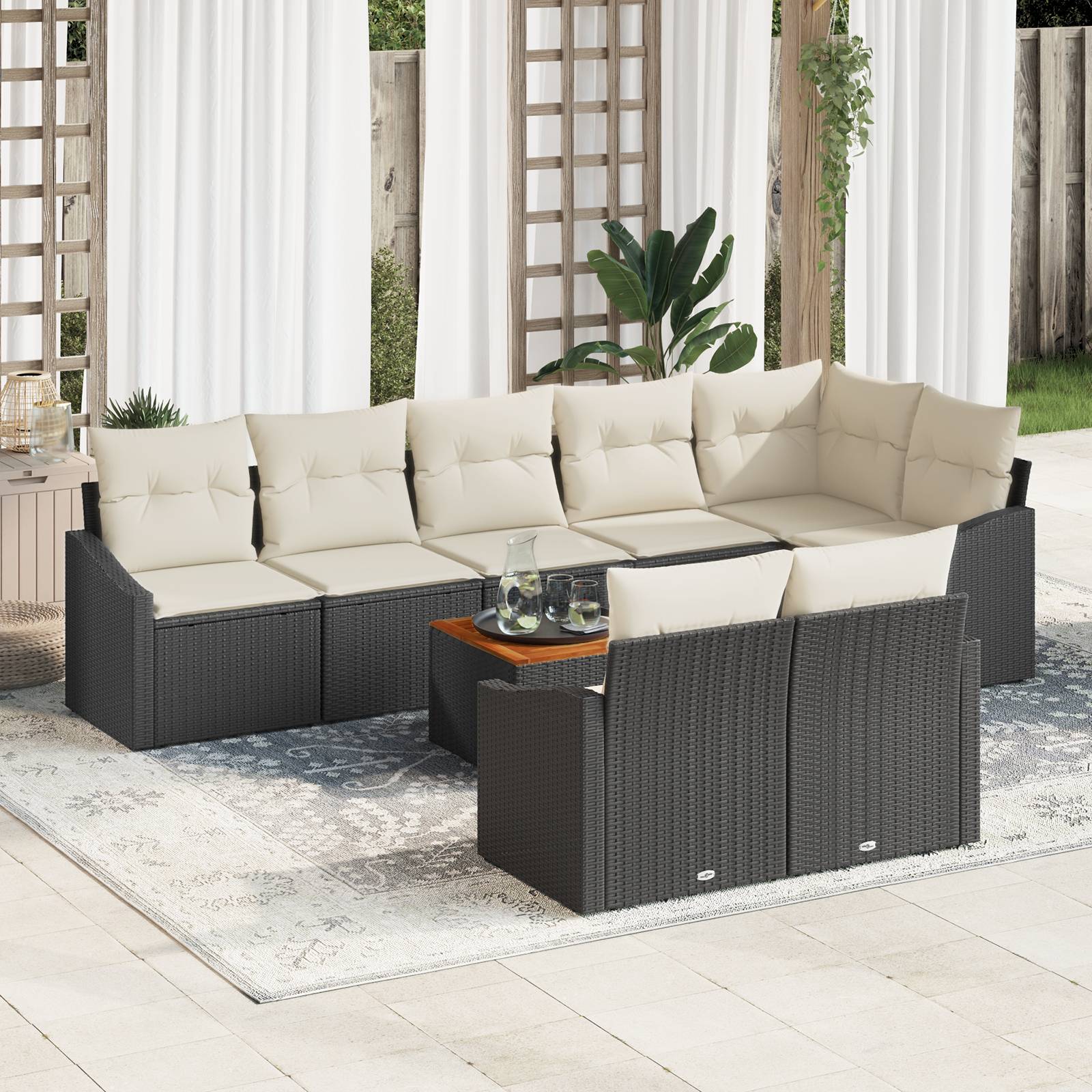 vidaXL 9 teiliges Garten Sofa Set mit Kissen Schwarz Poly Rattan Akazie