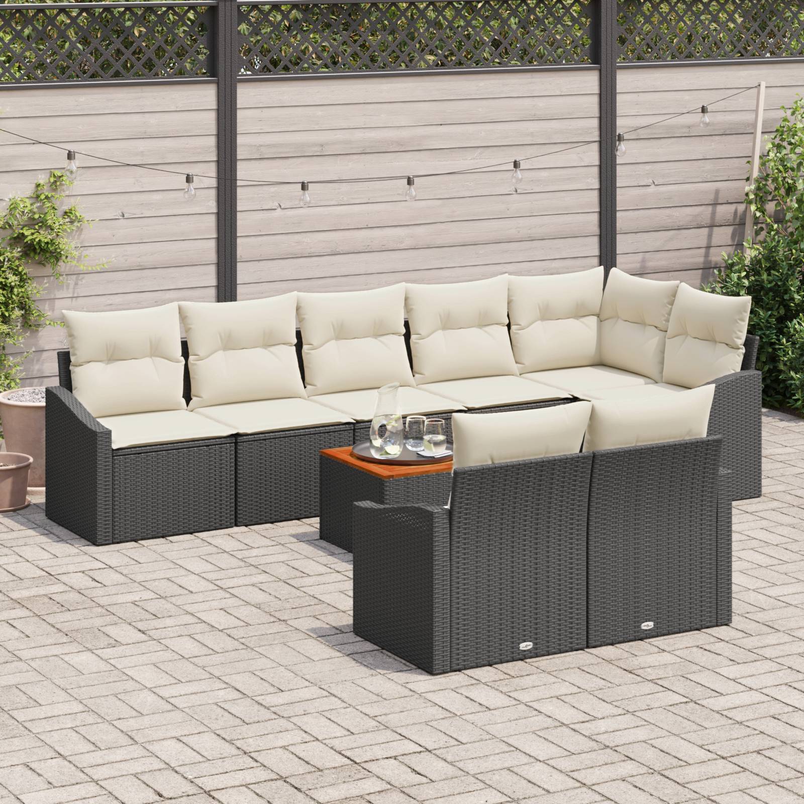 vidaXL 9 teiliges Garten Sofa Set mit Kissen Schwarz Poly Rattan Akazie