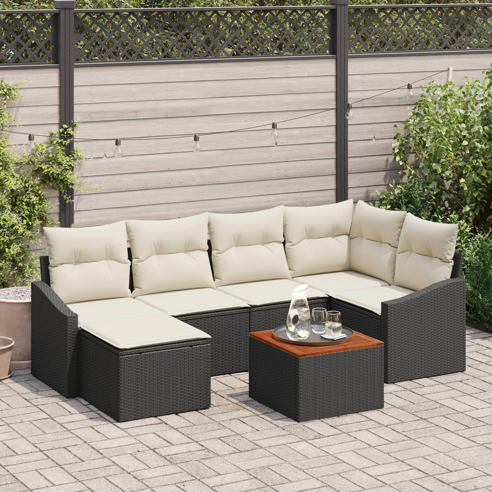 vidaXL 7-tlg. Garten-Sofagarnitur mit Kissen Schwarz Poly Rattan