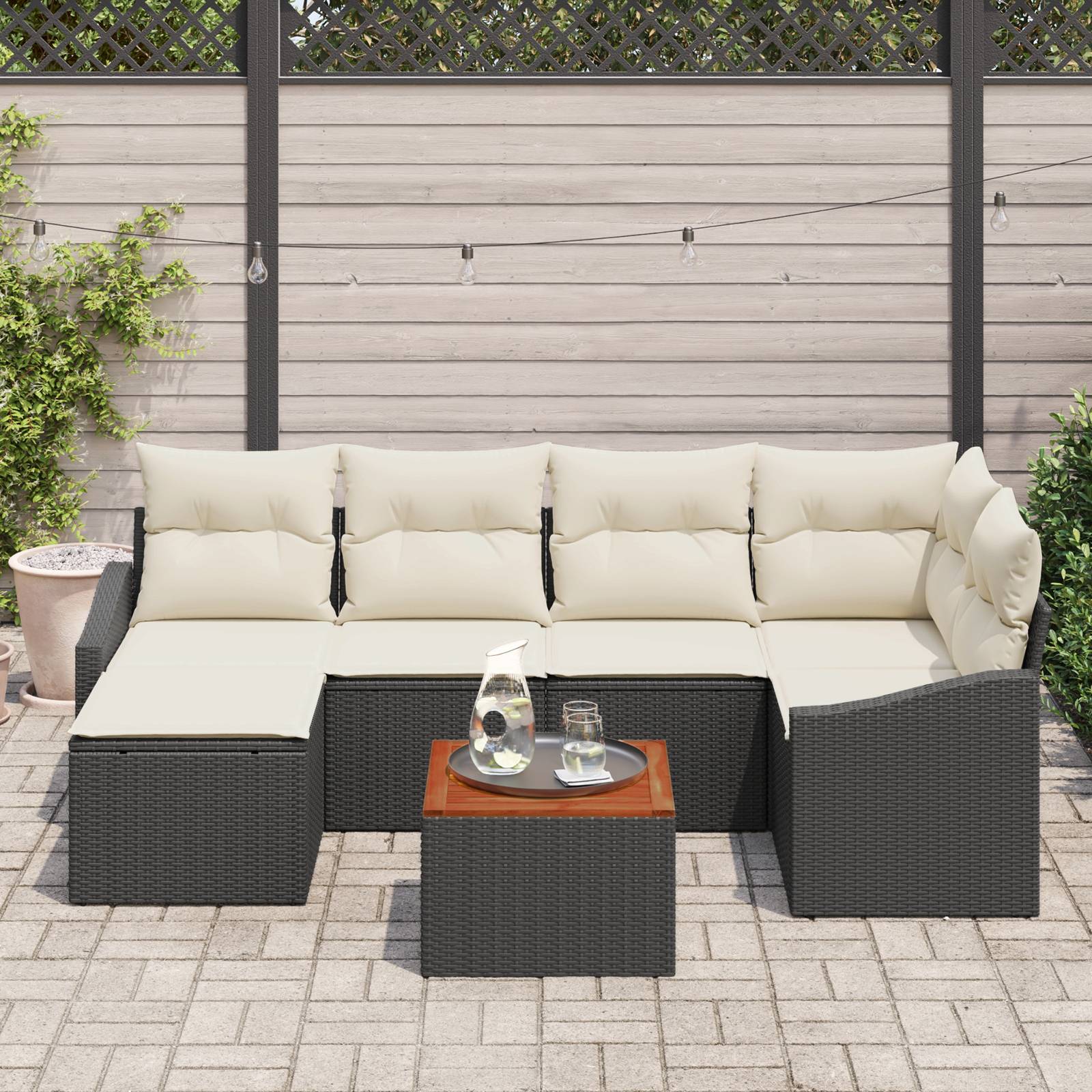 vidaXL 7-tlg. Garten-Sofagarnitur mit Kissen Schwarz Poly Rattan
