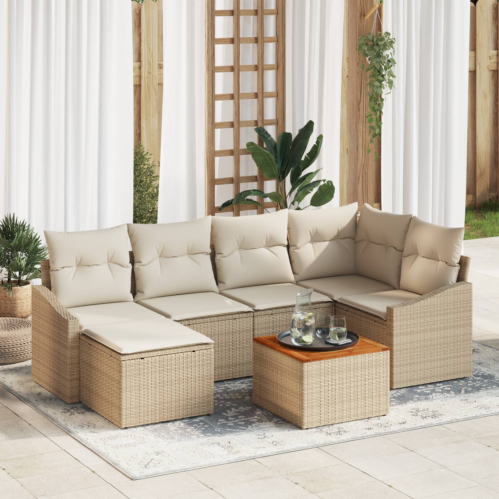 vidaXL 7-teiliges Garten Sofa Set mit Kissen Beige Poly Rattan Akazie