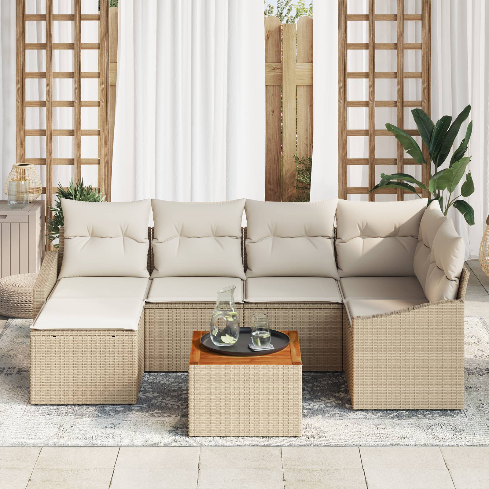 vidaXL 7-teiliges Garten Sofa Set mit Kissen Beige Poly Rattan Akazie