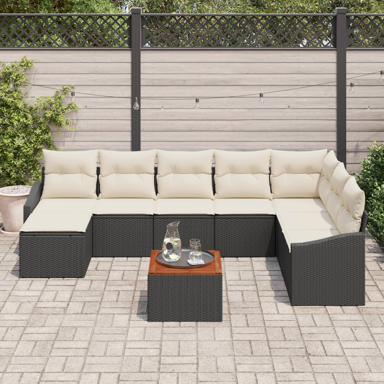 vidaXL 9-tlg. Garten-Sofagarnitur mit Kissen Schwarz Poly Rattan