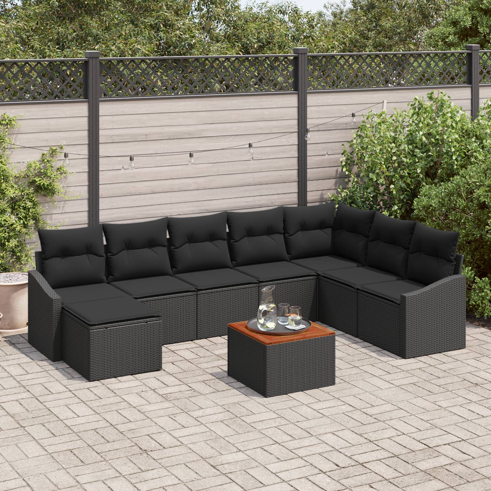 vidaXL 9-tlg Garten-Sofagarnitur mit Kissen Schwarz Poly Rattan Akazie