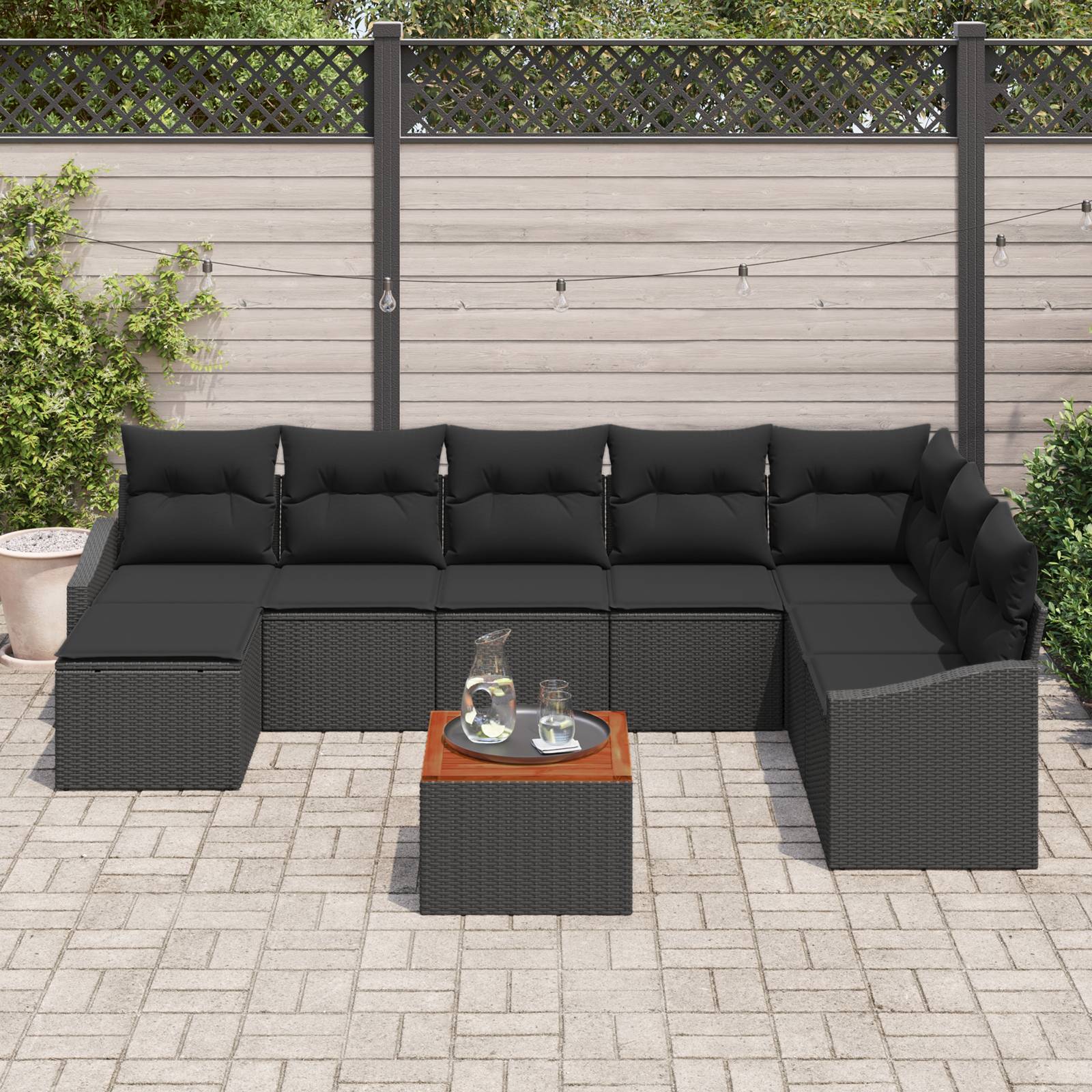 vidaXL 9-tlg Garten-Sofagarnitur mit Kissen Schwarz Poly Rattan Akazie