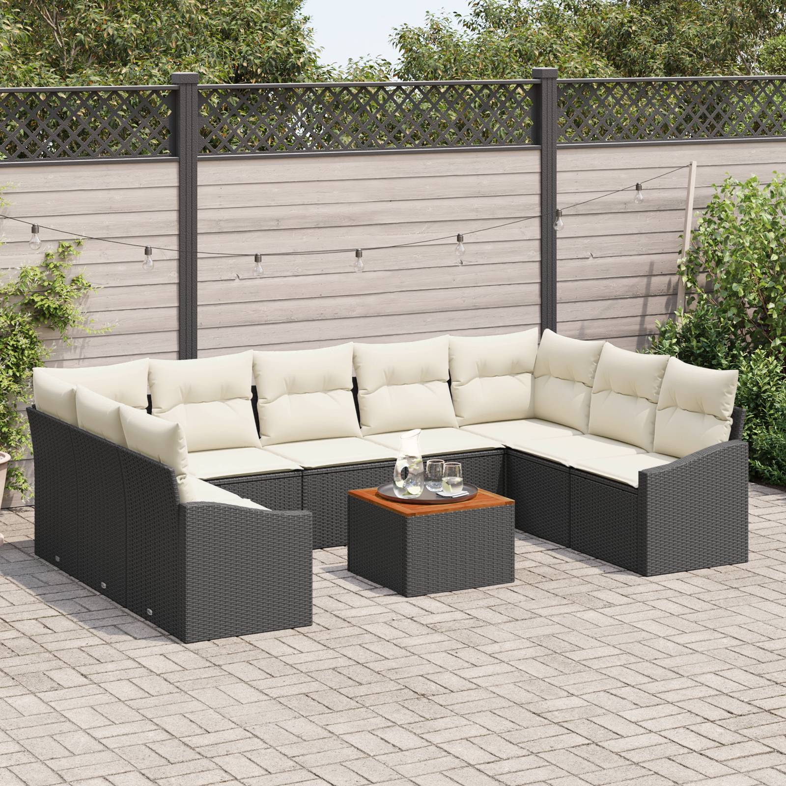 vidaXL 10-tlg. Garten-Sofagarnitur mit Kissen Schwarz Poly Rattan