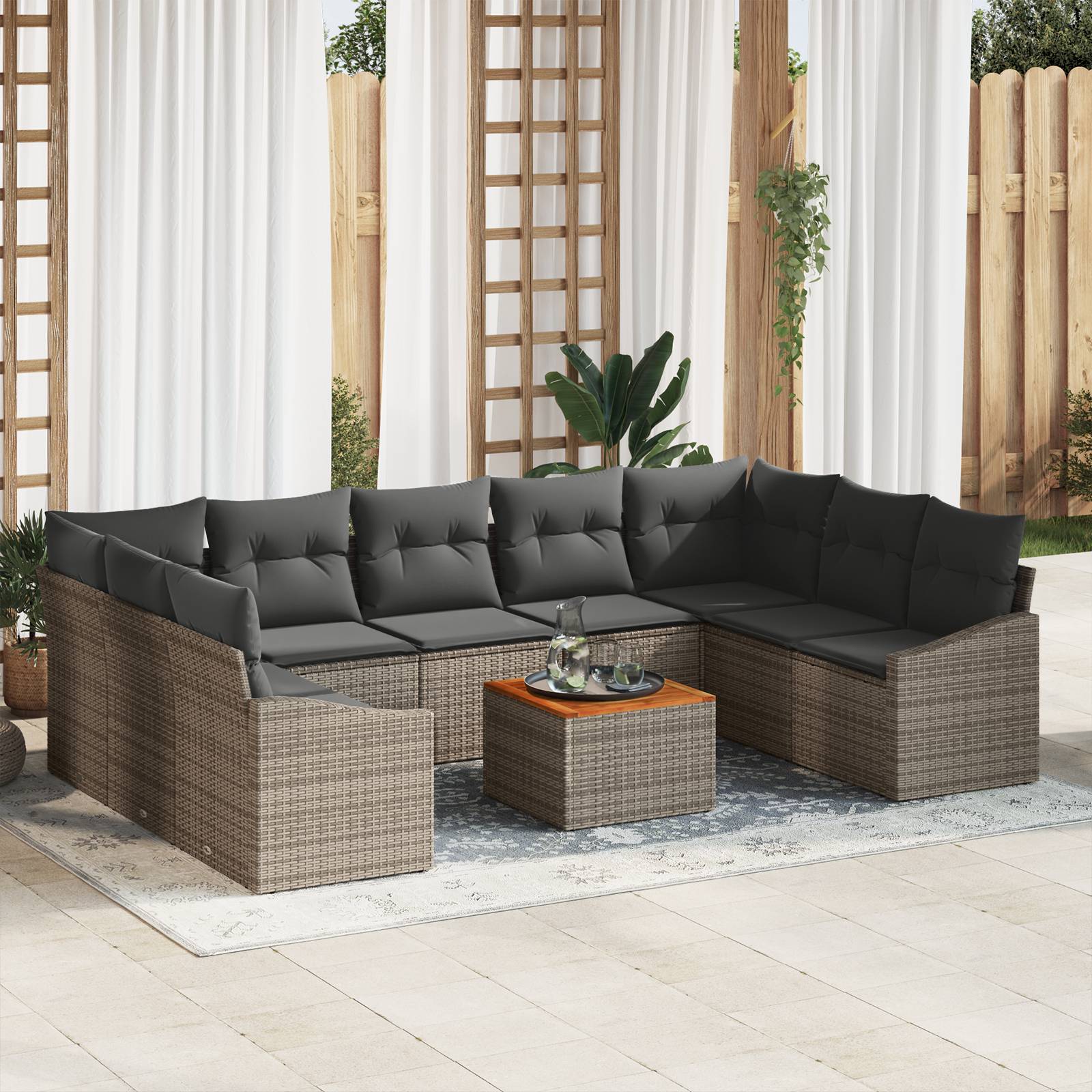 vidaXL 10-tlg. Garten-Sofagarnitur mit Kissen Grau Poly Rattan
