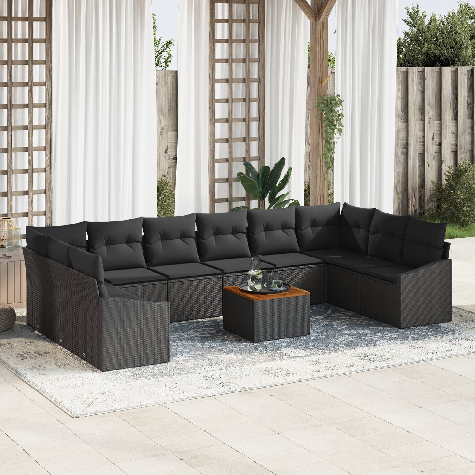 vidaXL 11-tlg. Garten-Sofagarnitur mit Kissen Schwarz Poly Rattan
