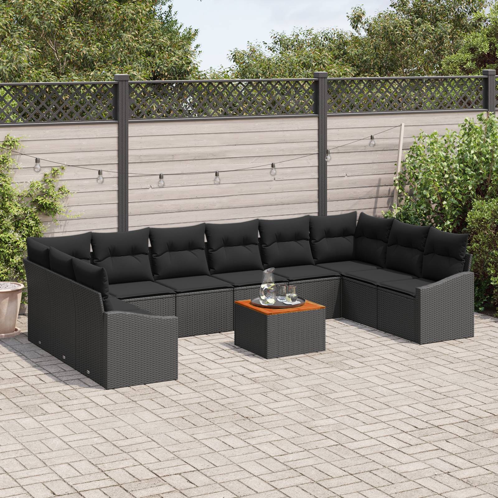 vidaXL 11-tlg. Garten-Sofagarnitur mit Kissen Schwarz Poly Rattan