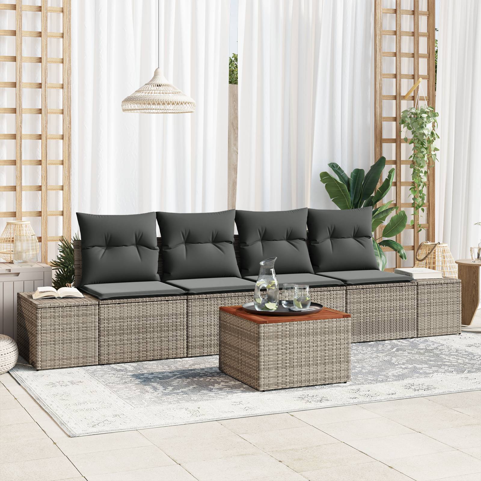 vidaXL 5-tlg. Garten-Sofagarnitur mit Kissen Grau Poly Rattan