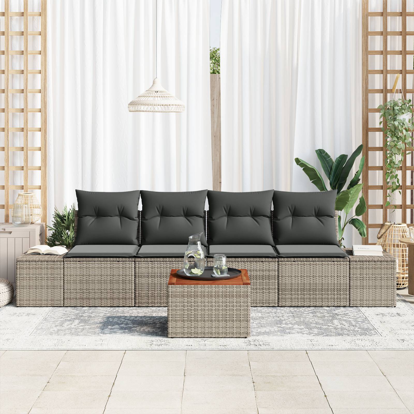 vidaXL 5-tlg. Garten-Sofagarnitur mit Kissen Grau Poly Rattan