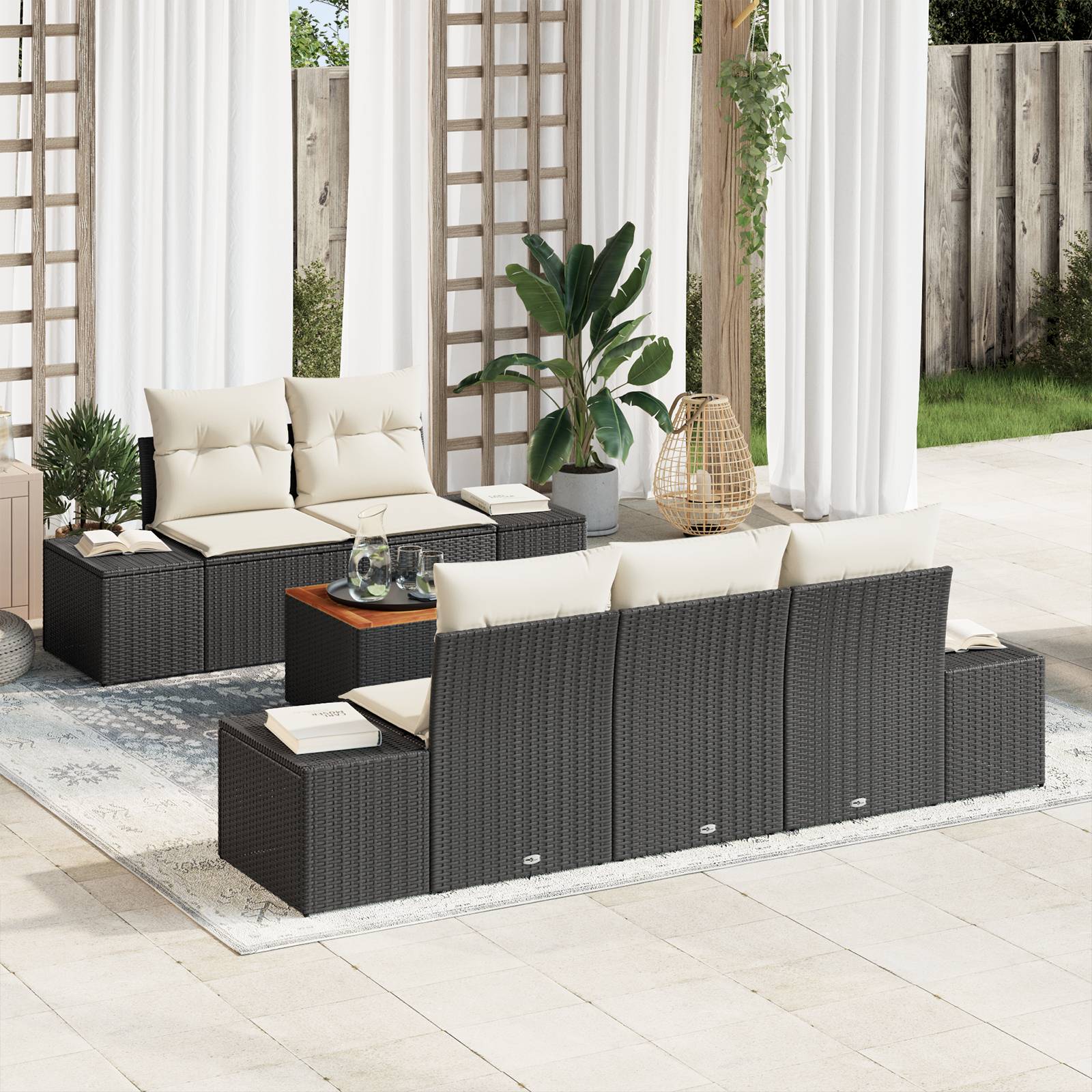 vidaXL 6-teiliges Garten-Sofa-Set mit Kissen in Schwarz Poly-Rattan Akazie