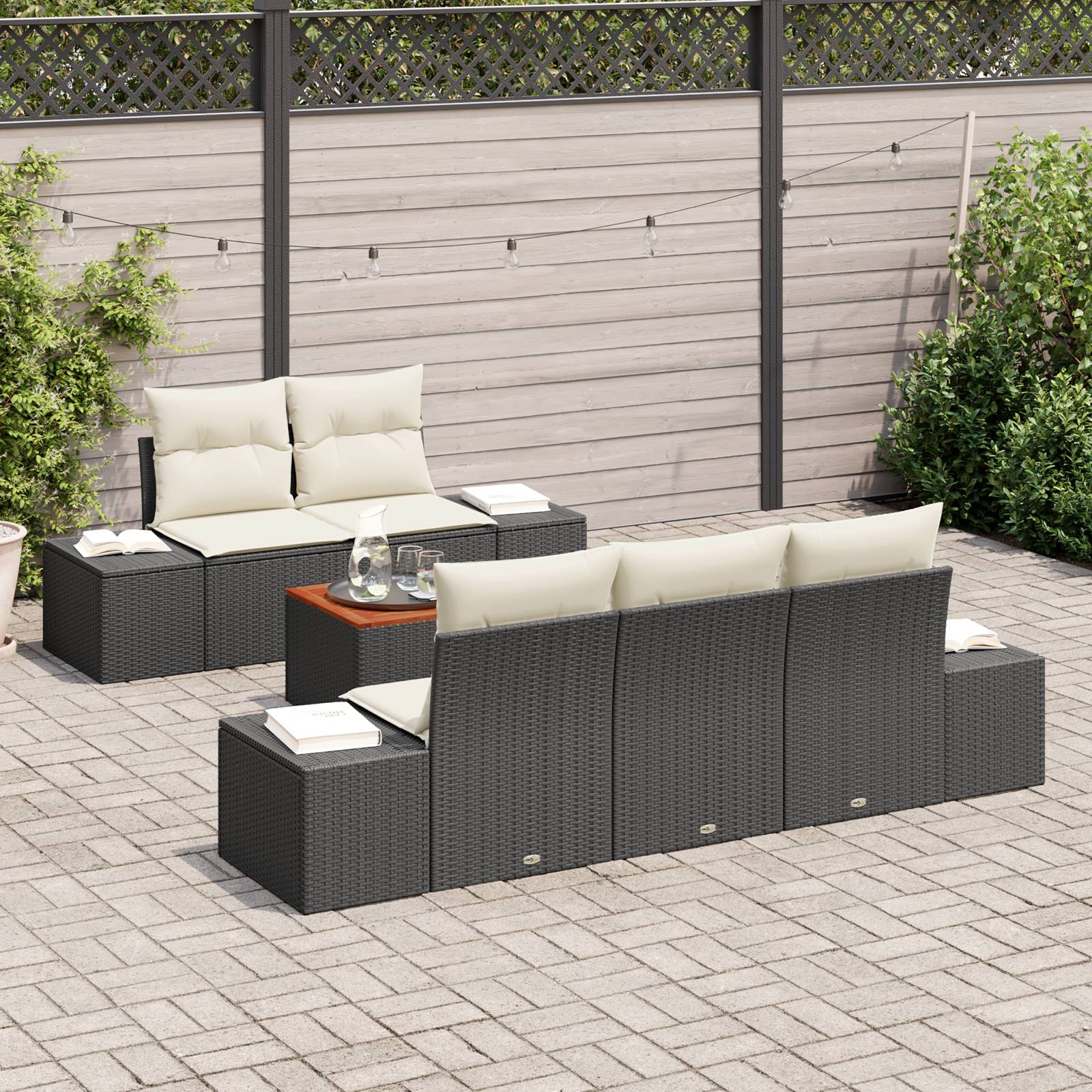 vidaXL 6-teiliges Garten-Sofa-Set mit Kissen in Schwarz Poly-Rattan Akazie
