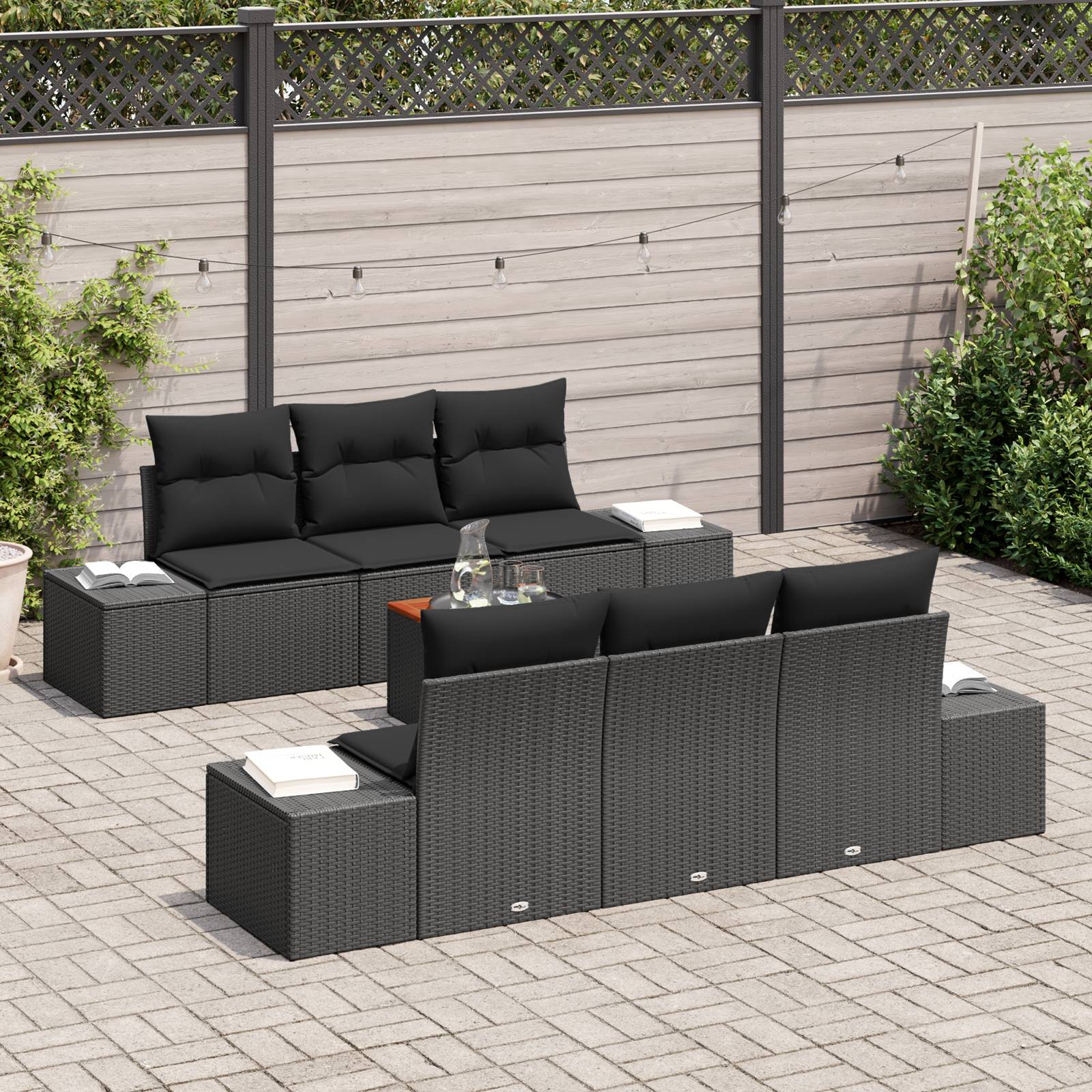 vidaXL 7-tlg Garten-Sofagarnitur mit Kissen Schwarz Poly Rattan Akazie