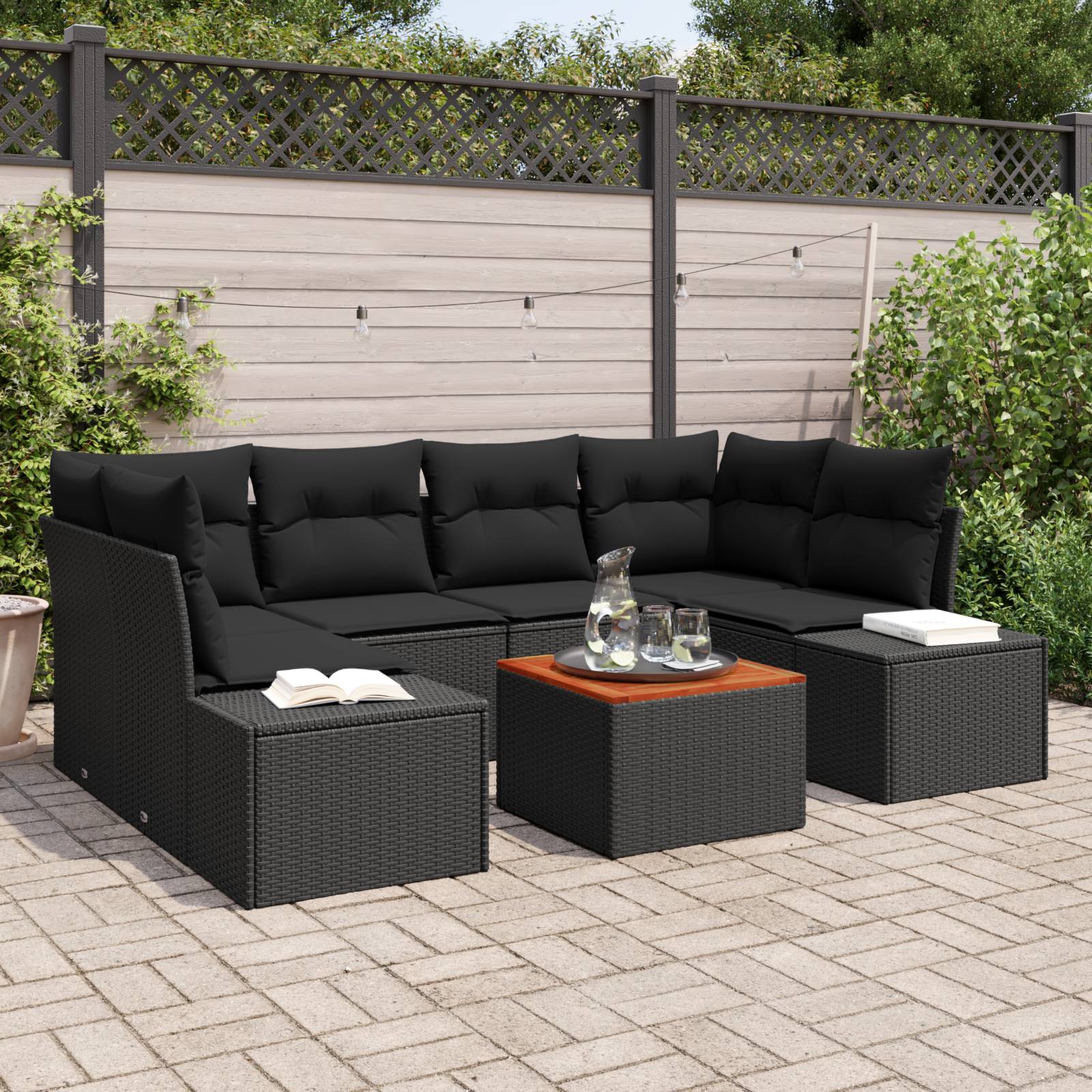 vidaXL 7-tlg. Garten-Sofagarnitur mit Kissen Schwarz Poly Rattan