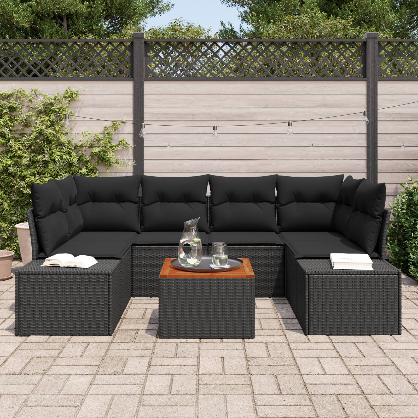 vidaXL 7-tlg. Garten-Sofagarnitur mit Kissen Schwarz Poly Rattan