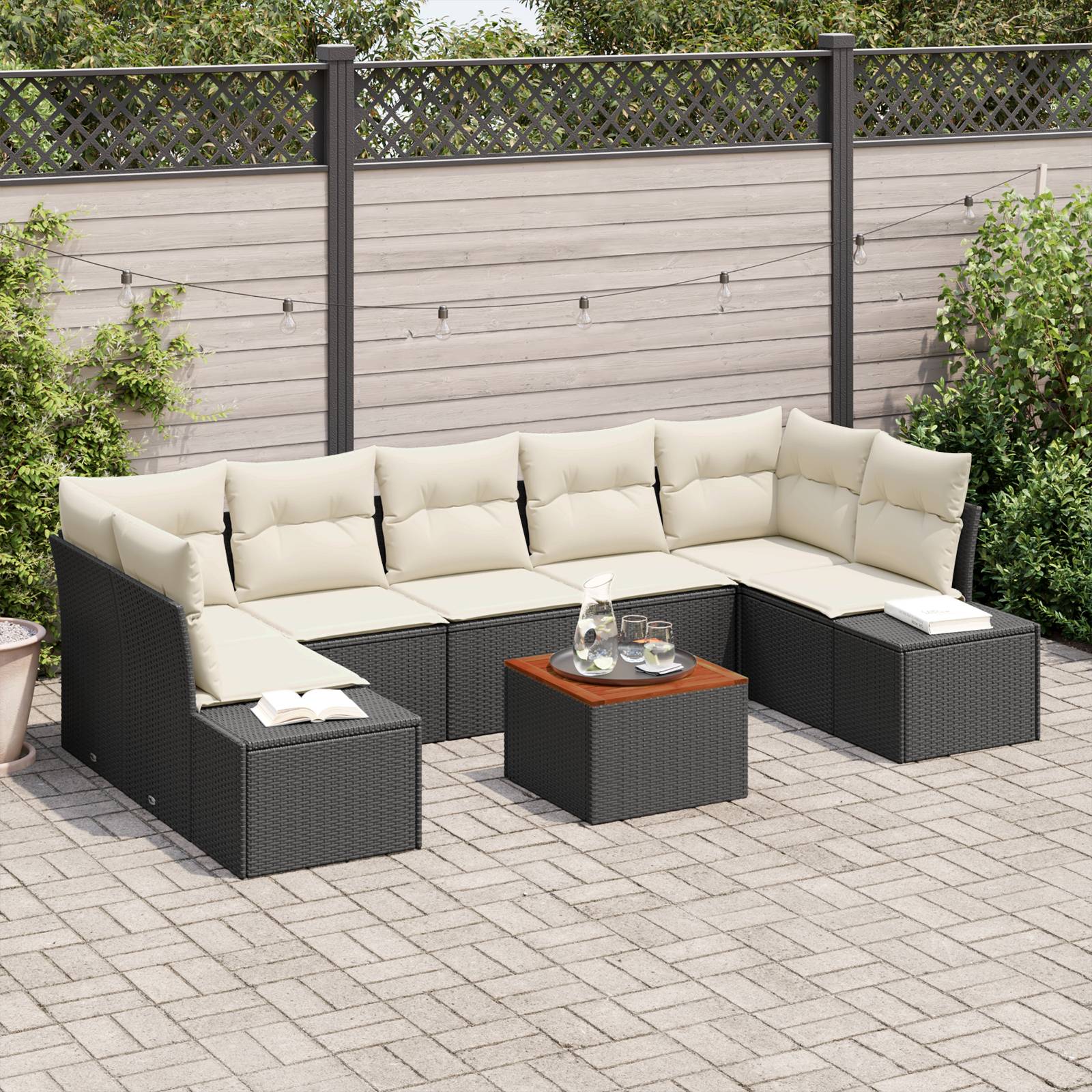 vidaXL 8-teiliges Garten-Sofa-Set mit Kissen Schwarz Poly-Rattan Akazie
