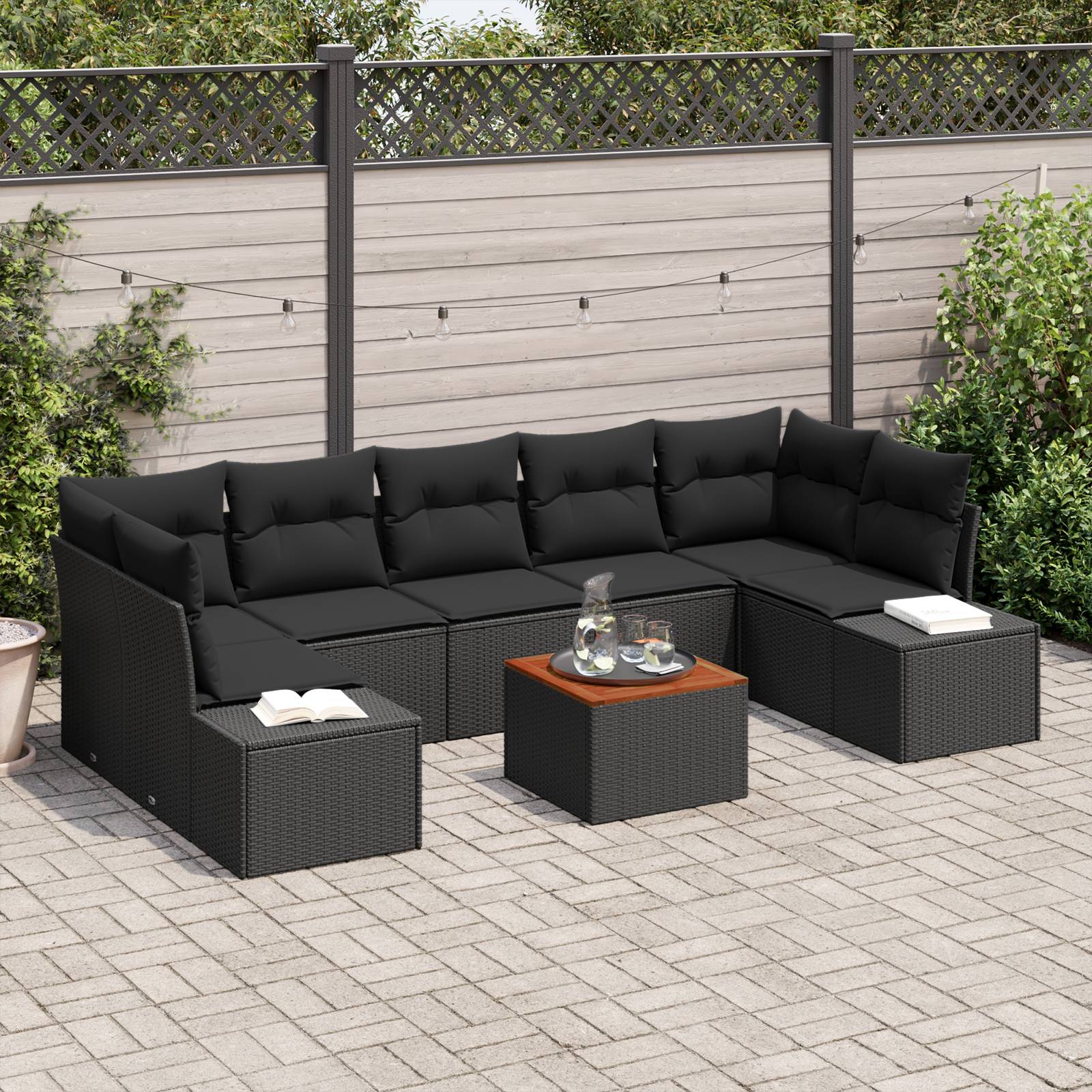 vidaXL 8-teiliges Garten Sofa Set mit Kissen Schwarz Poly Rattan Akazie