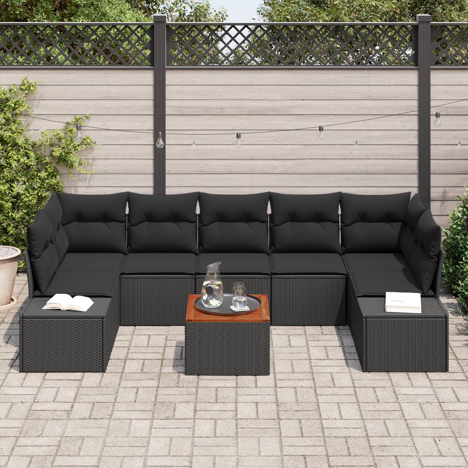vidaXL 8-teiliges Garten Sofa Set mit Kissen Schwarz Poly Rattan Akazie