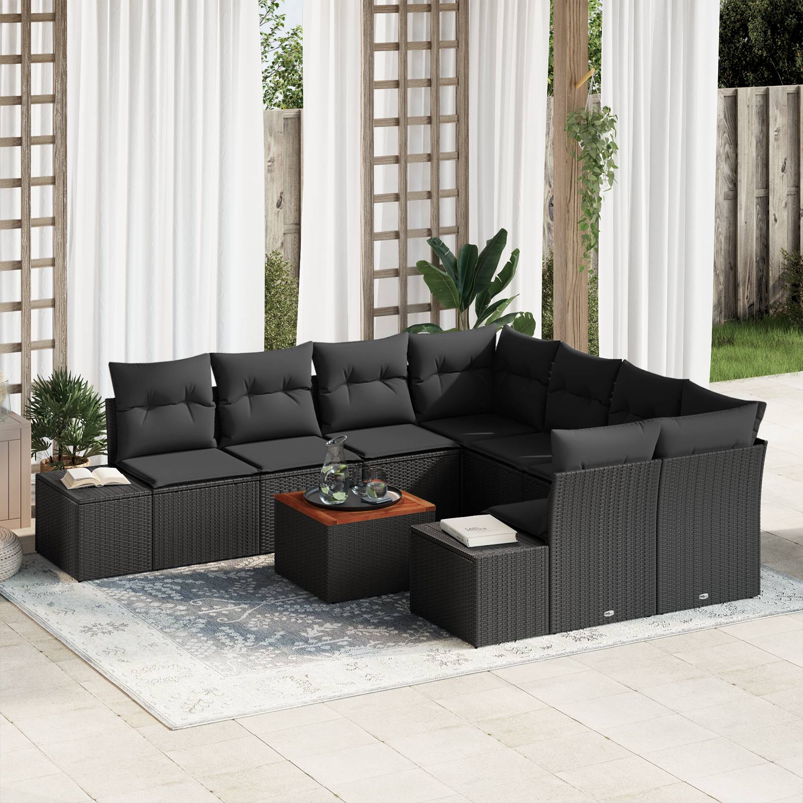 vidaXL 9-teiliges Garten-Sofa-Set mit Kissen Schwarz Poly-Rattan Akazie
