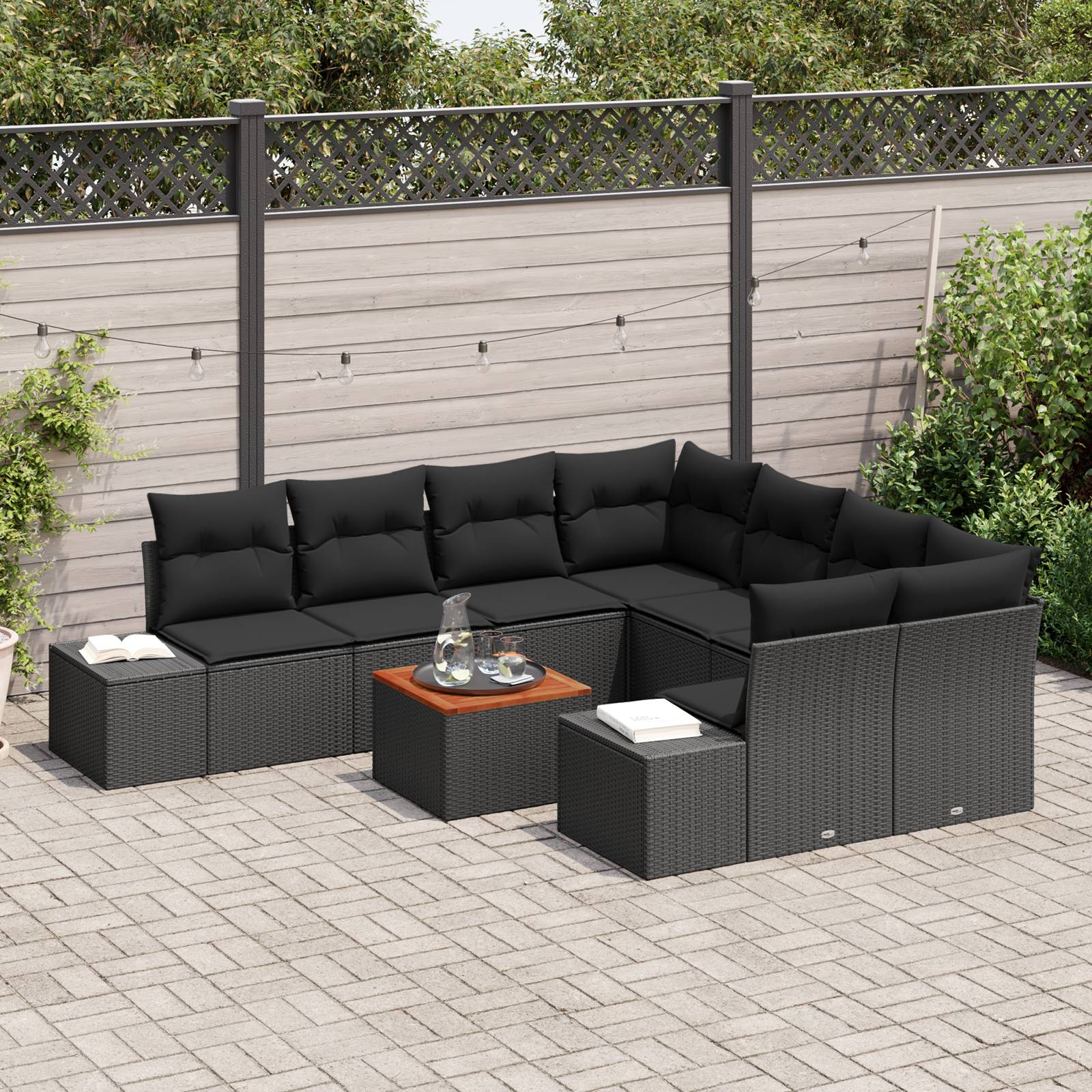 vidaXL 9-teiliges Garten-Sofa-Set mit Kissen Schwarz Poly-Rattan Akazie