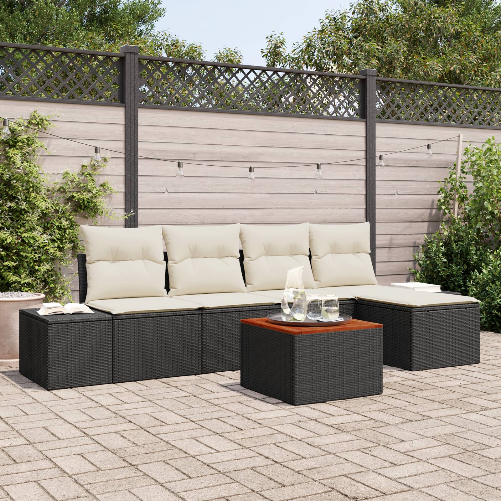 vidaXL 6-tlg Garten-Sofagarnitur mit Kissen Schwarz Poly Rattan Akazie